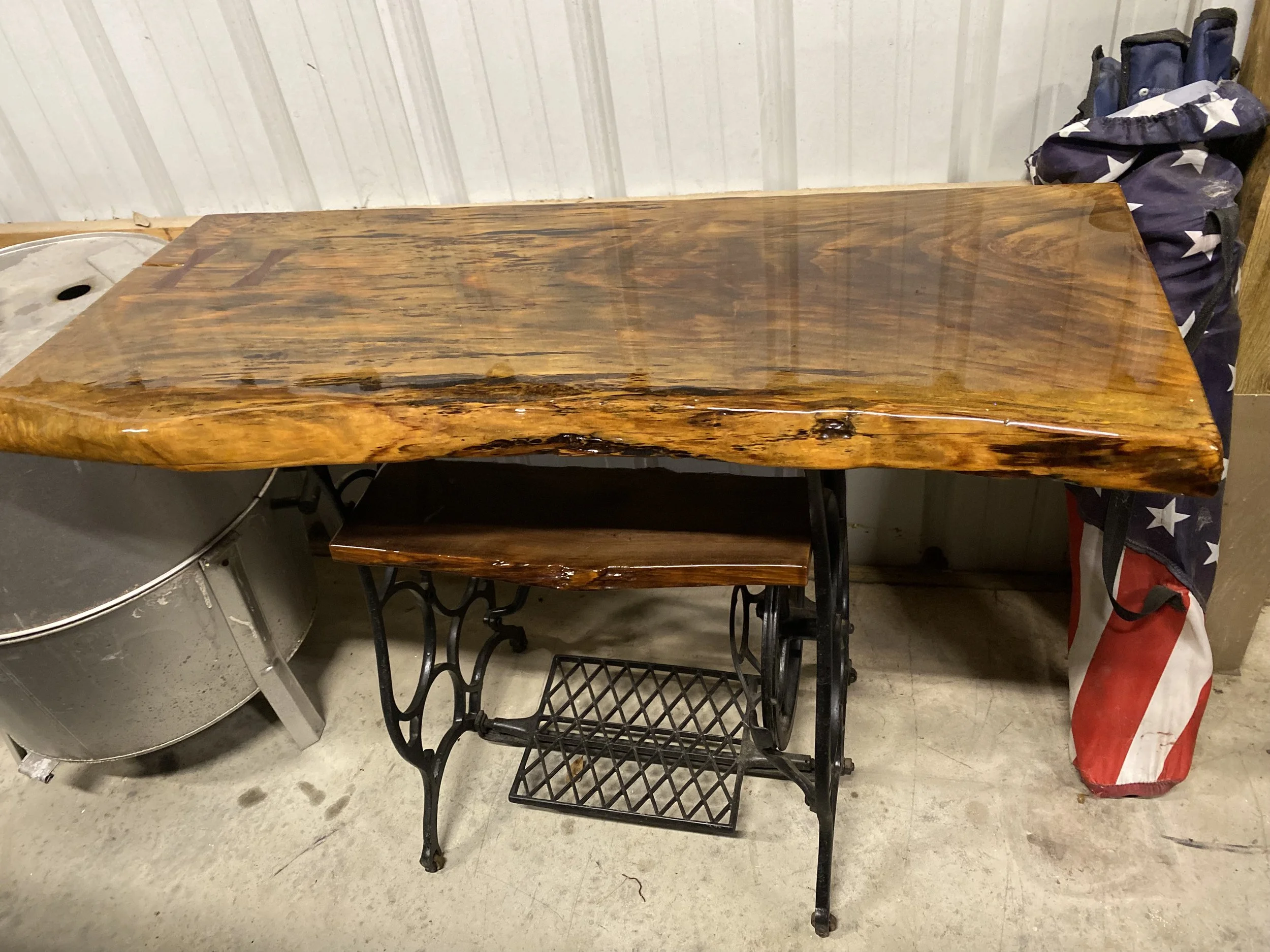 Sinker Cypress foyer table with clear epoxy