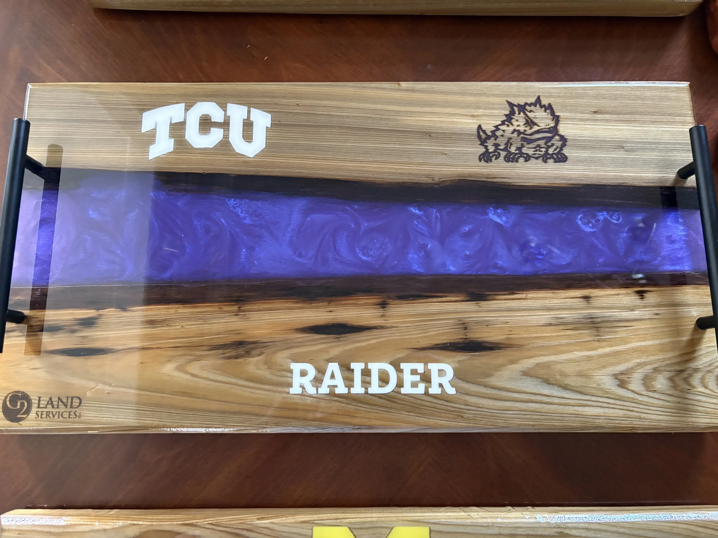 Custom sinker cypress charcuterie board with purple epoxy