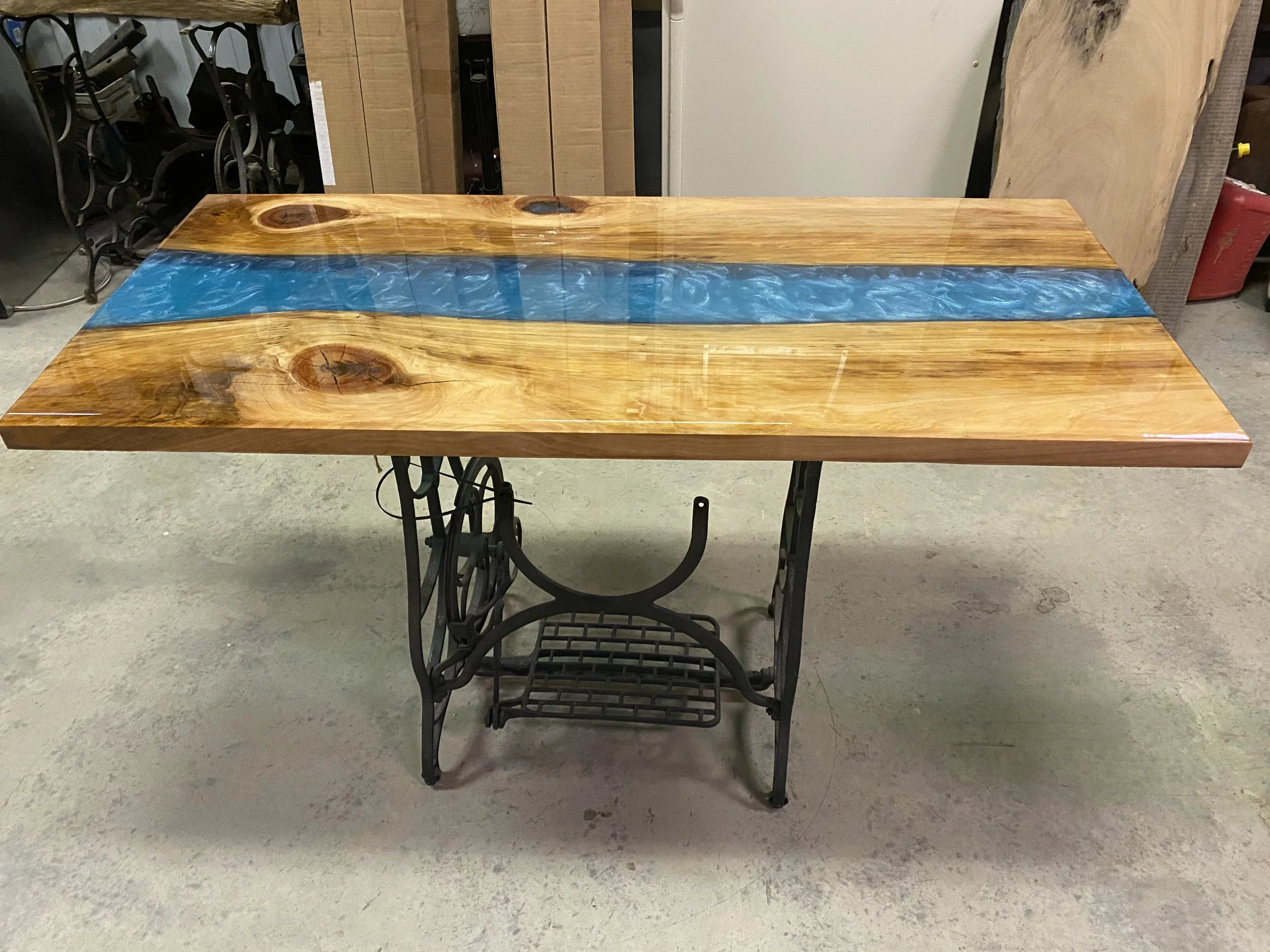 Cypress river table with blue epoxy