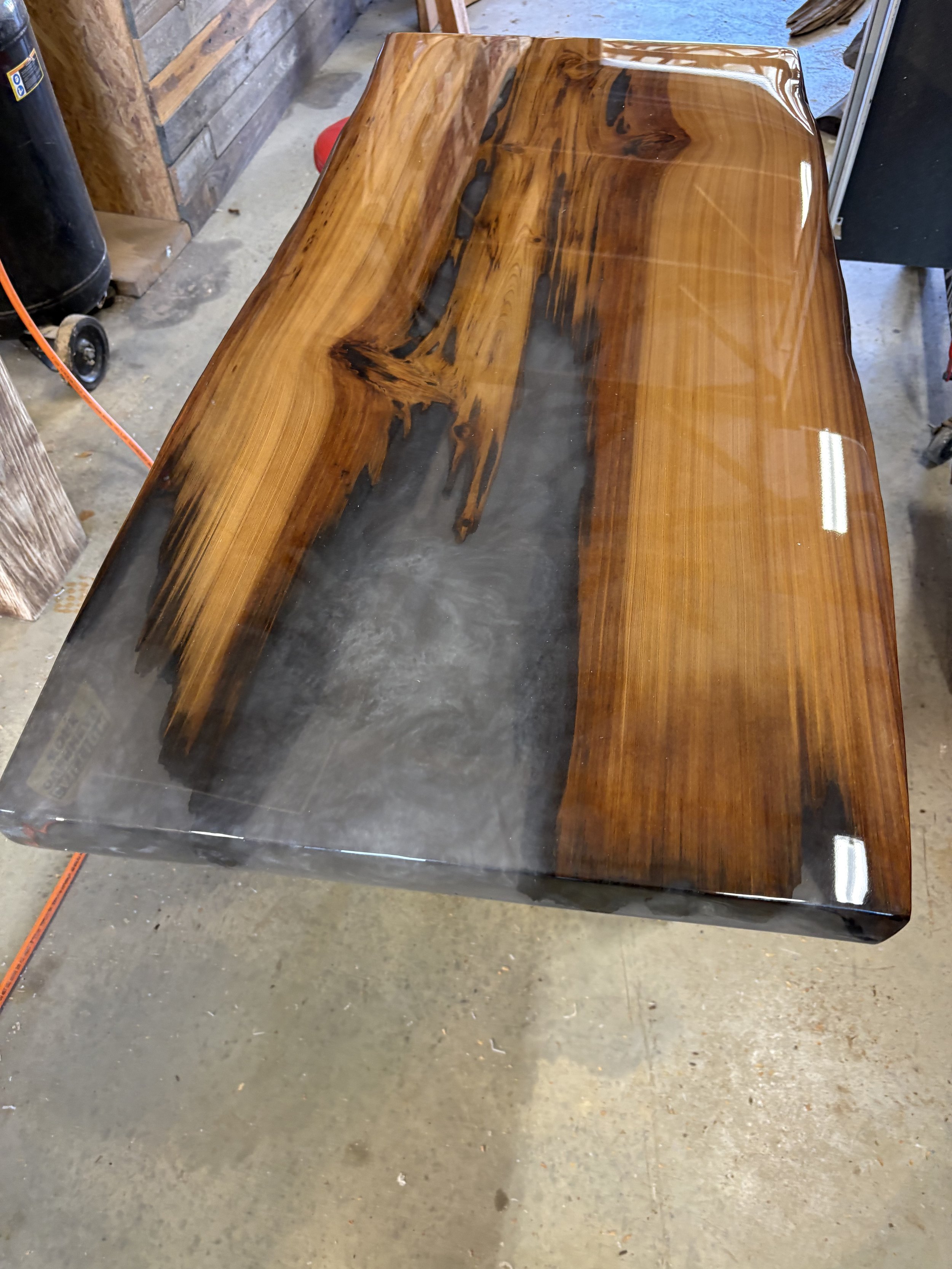 Sinker cypress table with smoke epoxy
