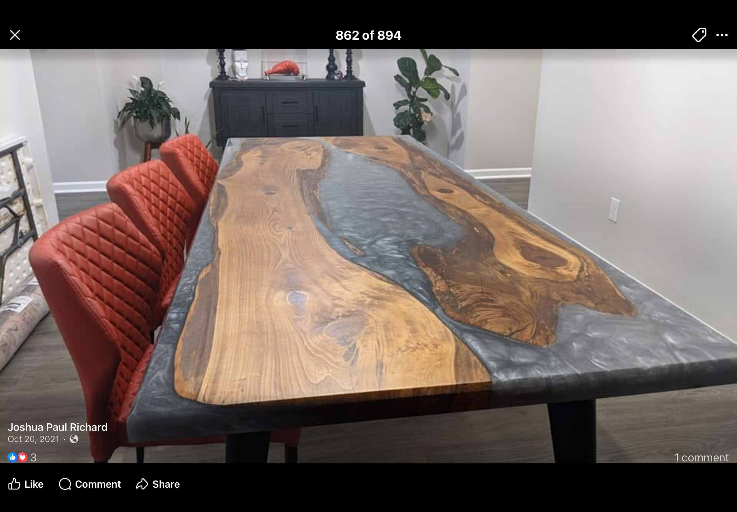 Cypress dining river table with grey swirl epoxy