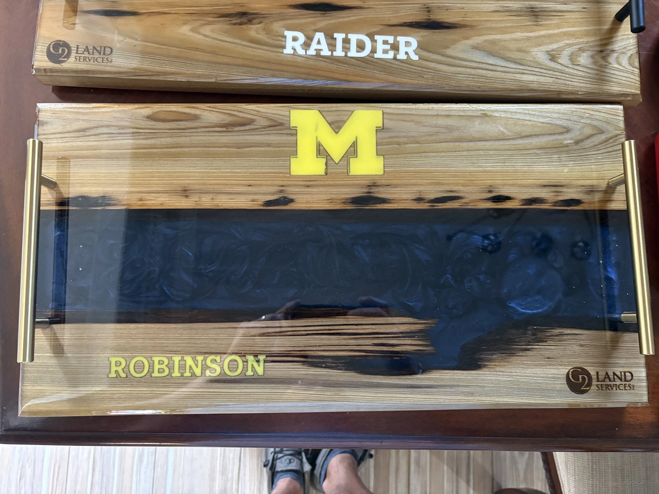 Custom sinker cypress charcuterie board with blue epoxy