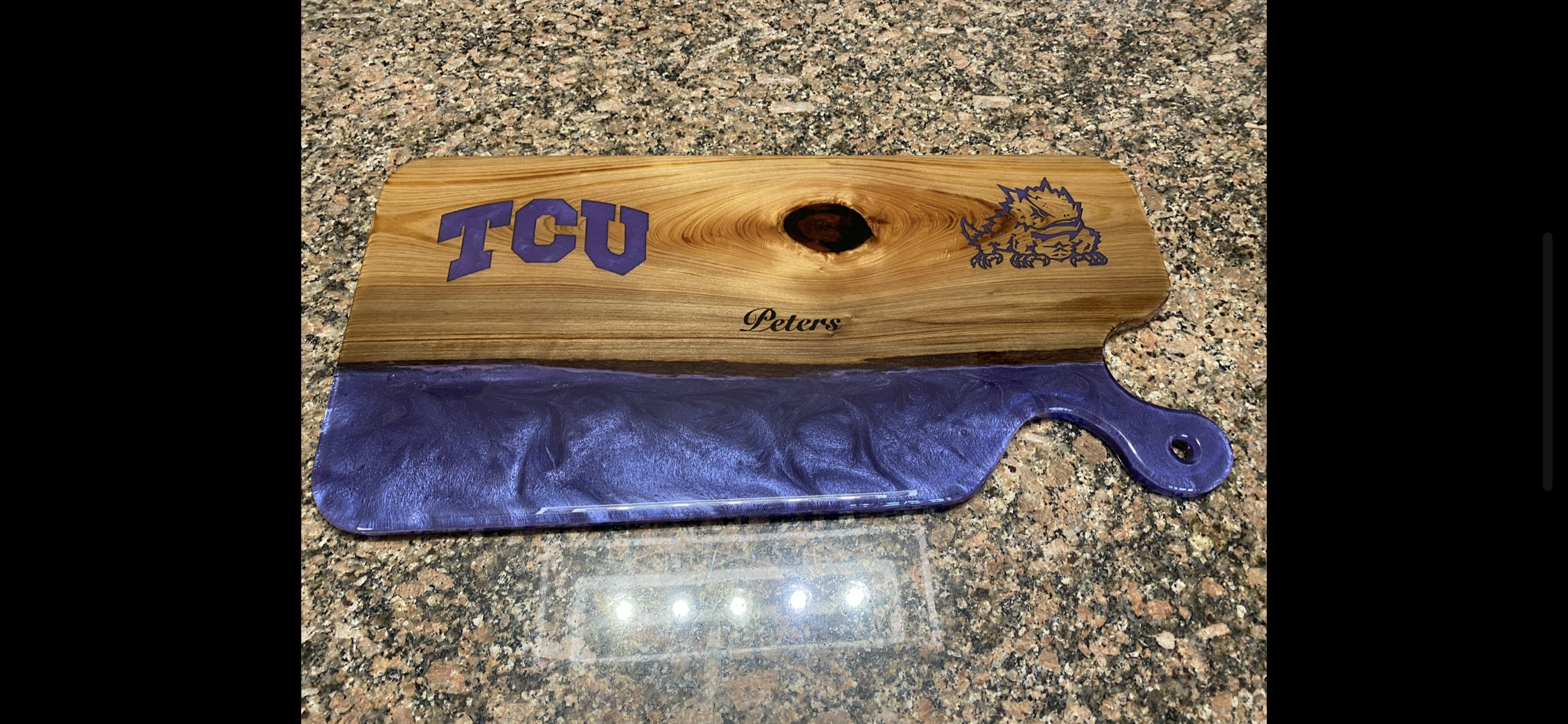 Custom Sinker cypress charcuterie board with purple epoxy