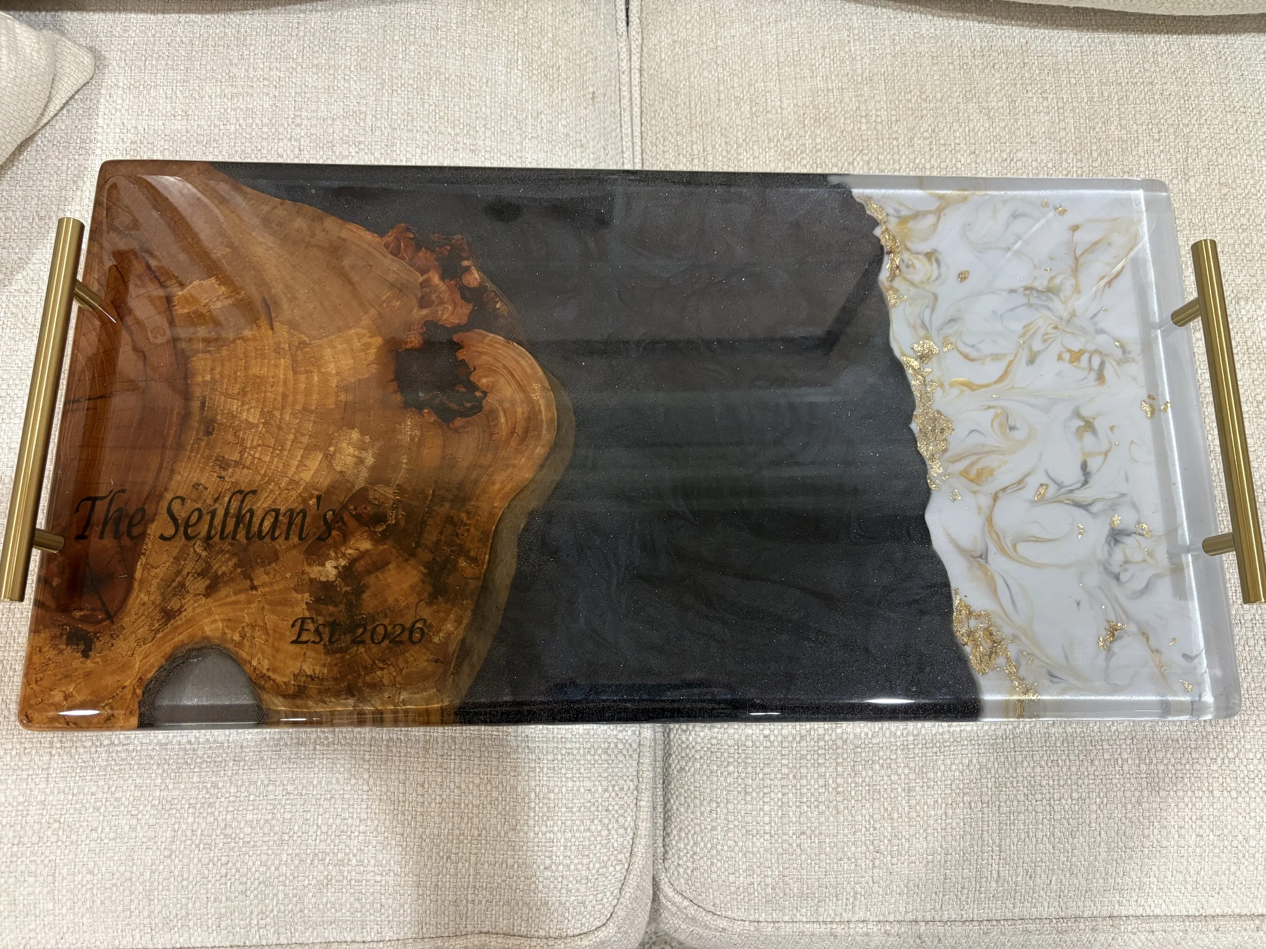 Custom wedding gifts with Oak and black and white epoxy