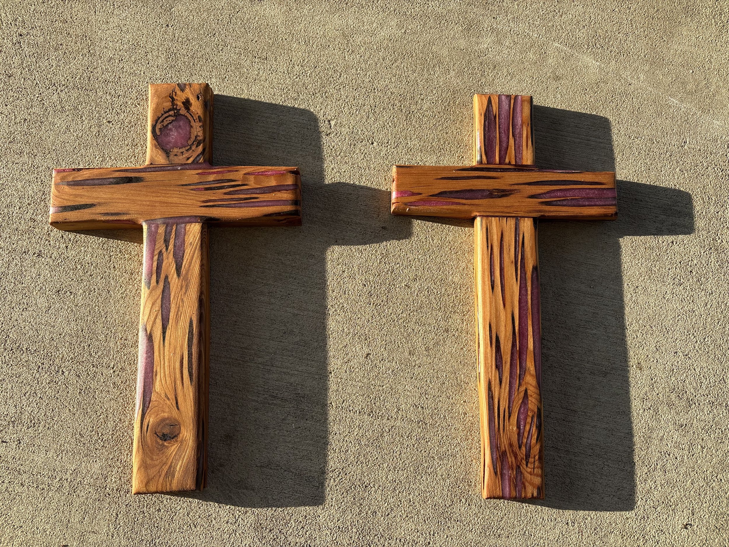 Pecky cypress crosses with pink/purple epoxy