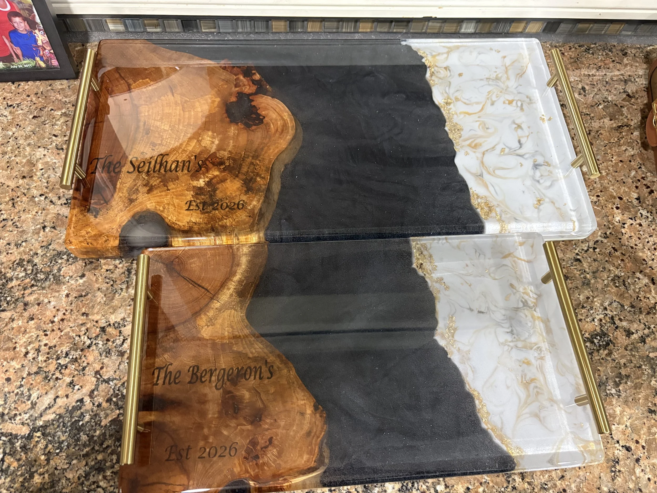 Custom wedding gifts with Oak and black and white epoxy