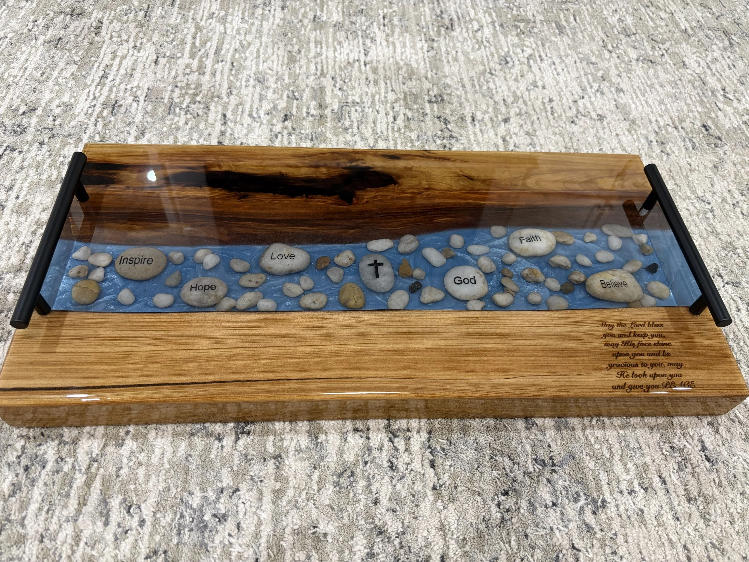 Custom cypress charcuterie board w/ blue epoxy and faith rocks