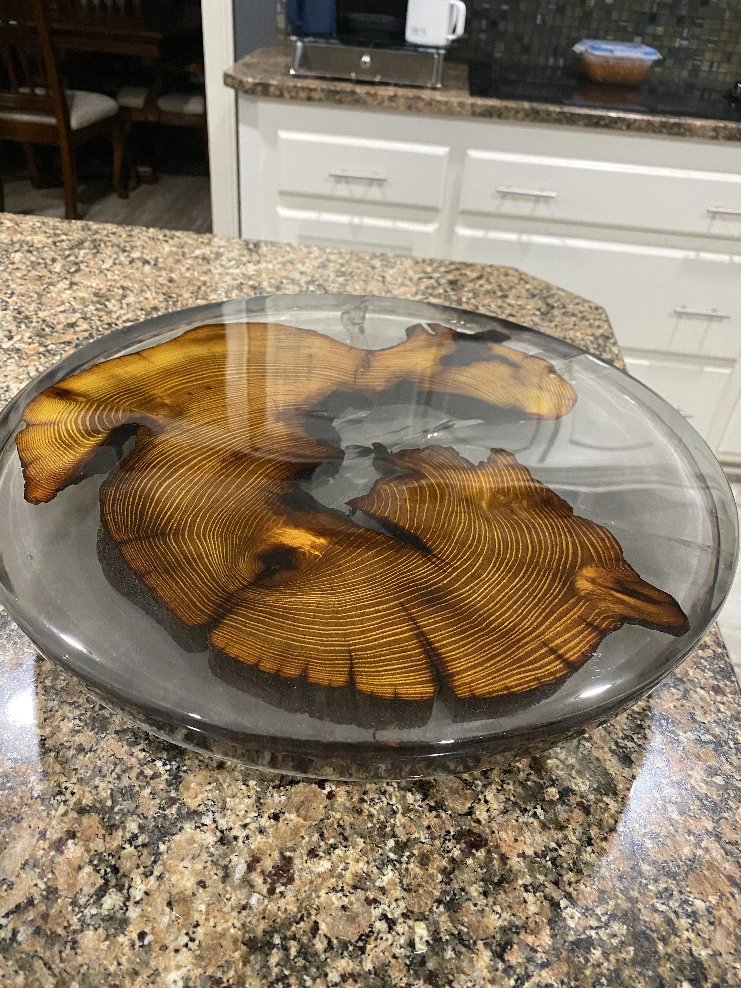 red wood breakfast table center with smoke epoxy