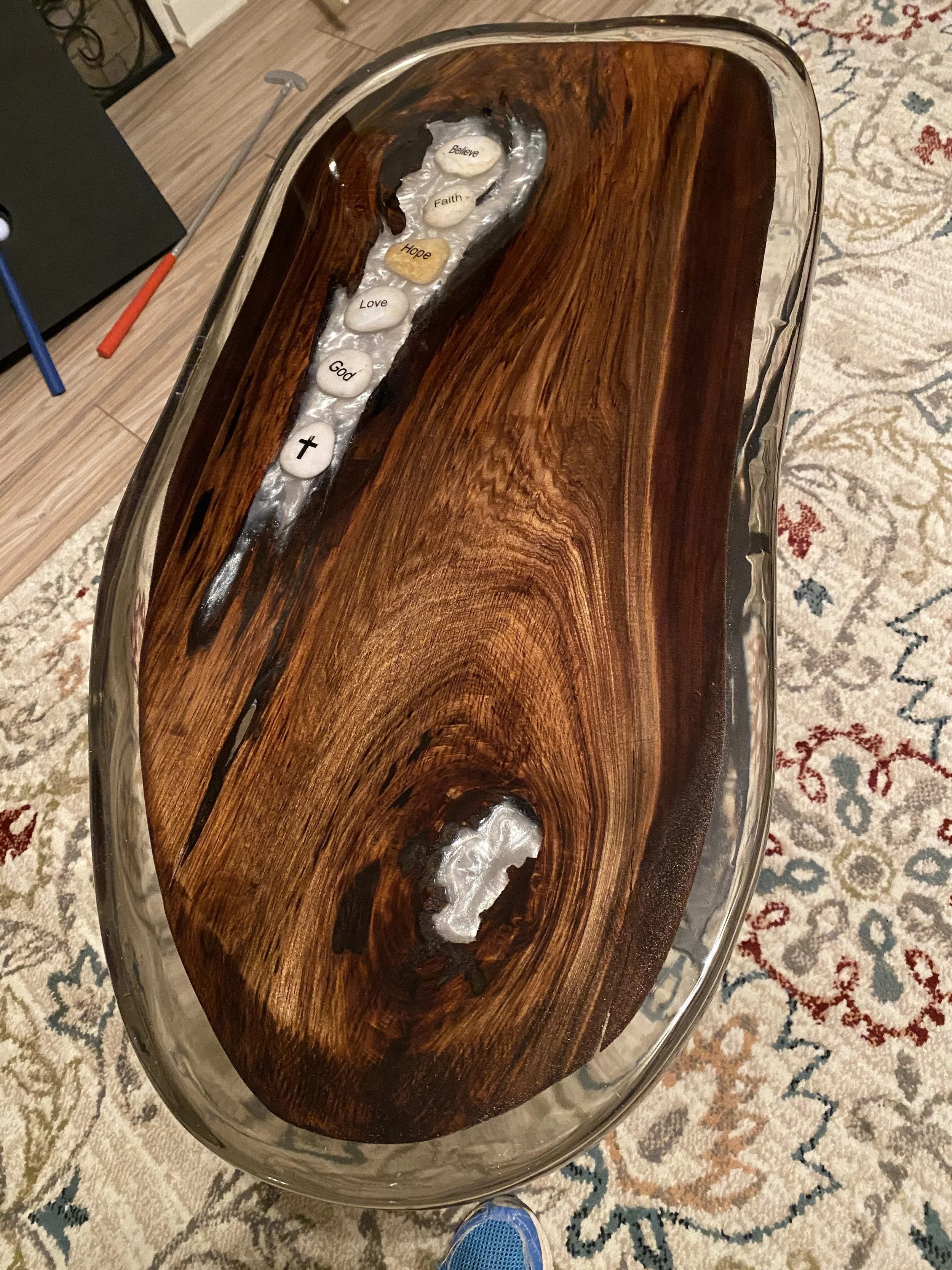 Sinker cypress with pearl epoxy w/ faith rocks (2)
