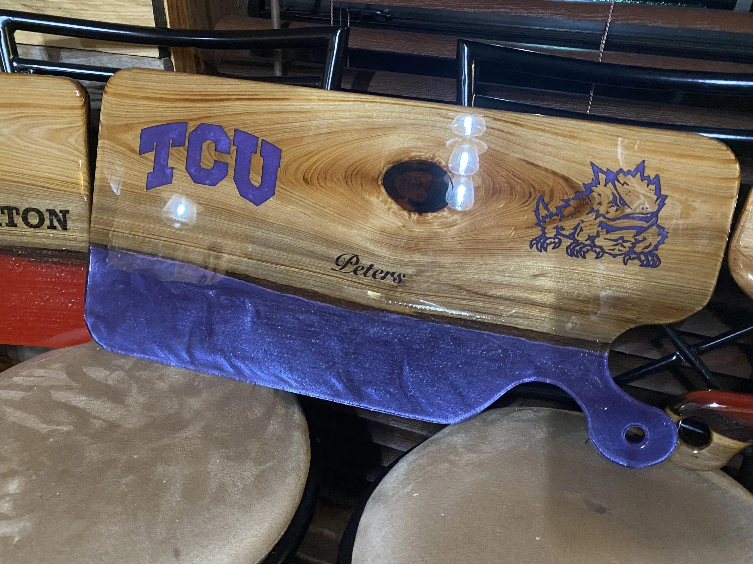 Custom sinker cypress charcuterie board with purple epoxy