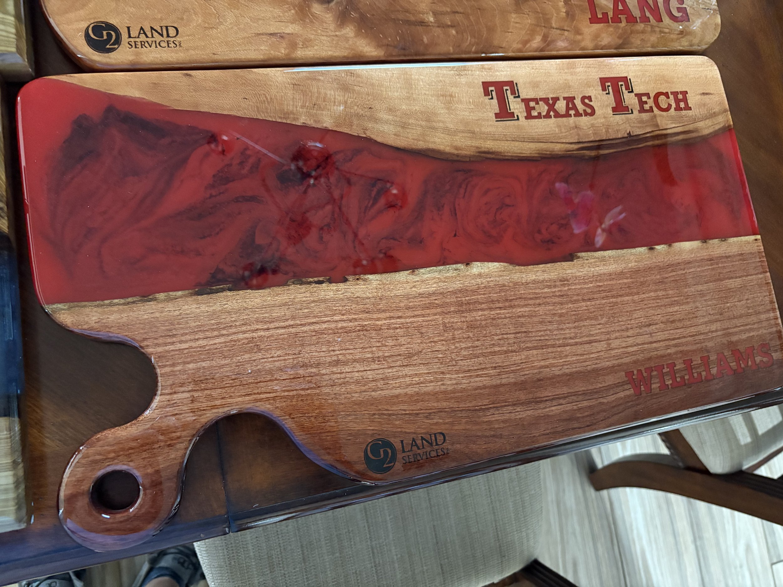 Custom cypress charcuterie board w/ red epoxy