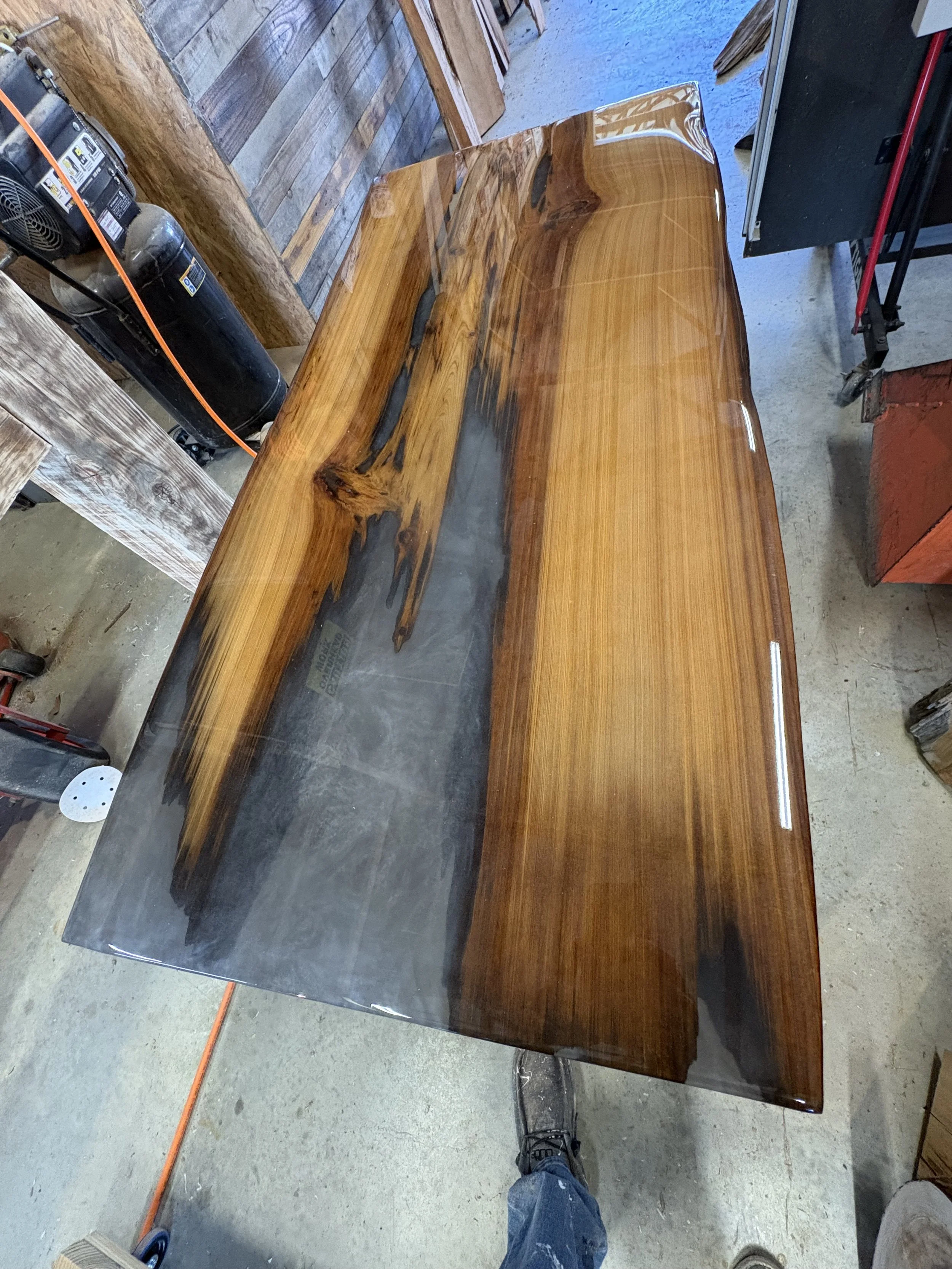 Sinker cypress table with smoke epoxy