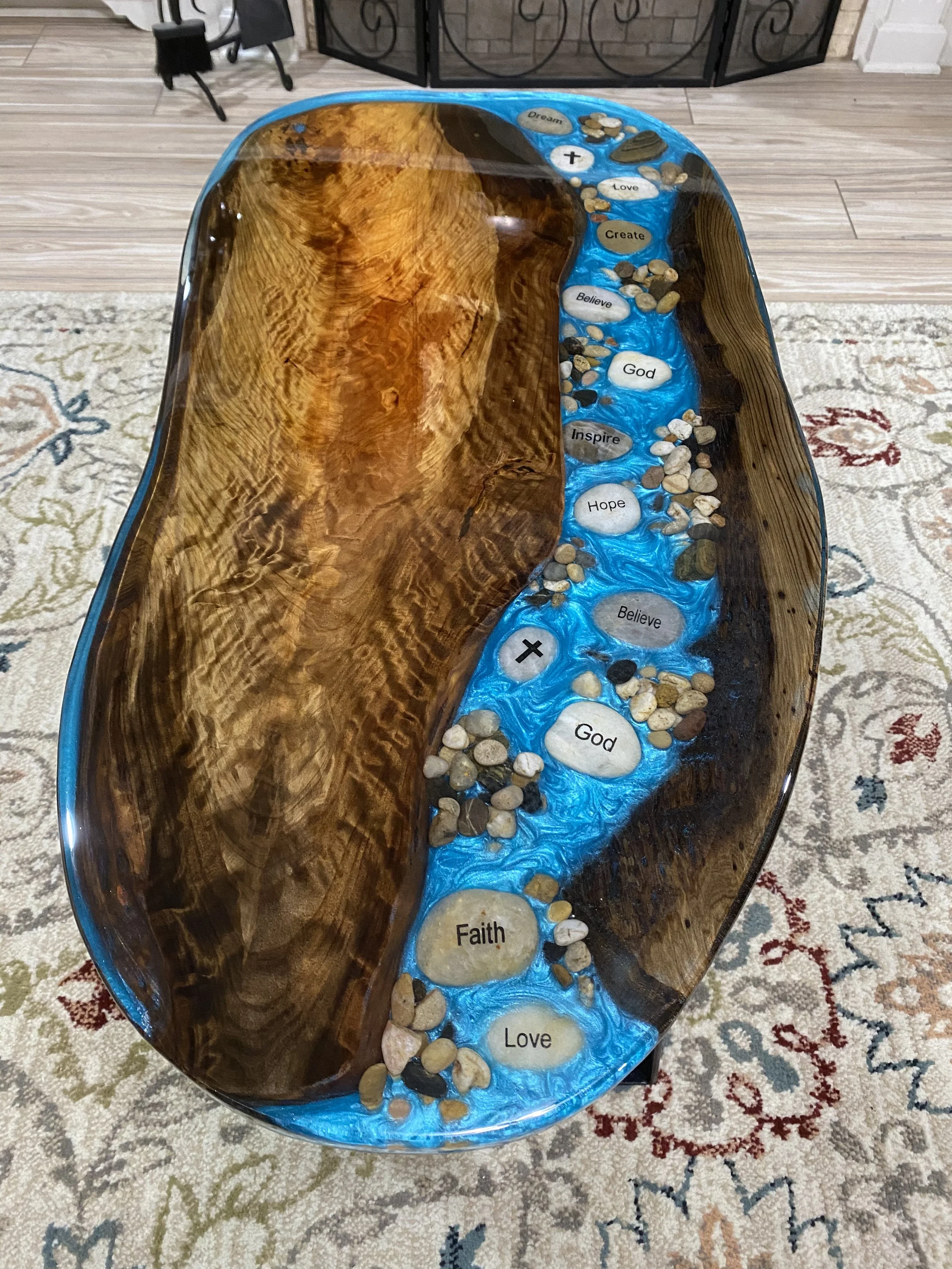 Sinker cypress with blue epoxy w/ faith rocks