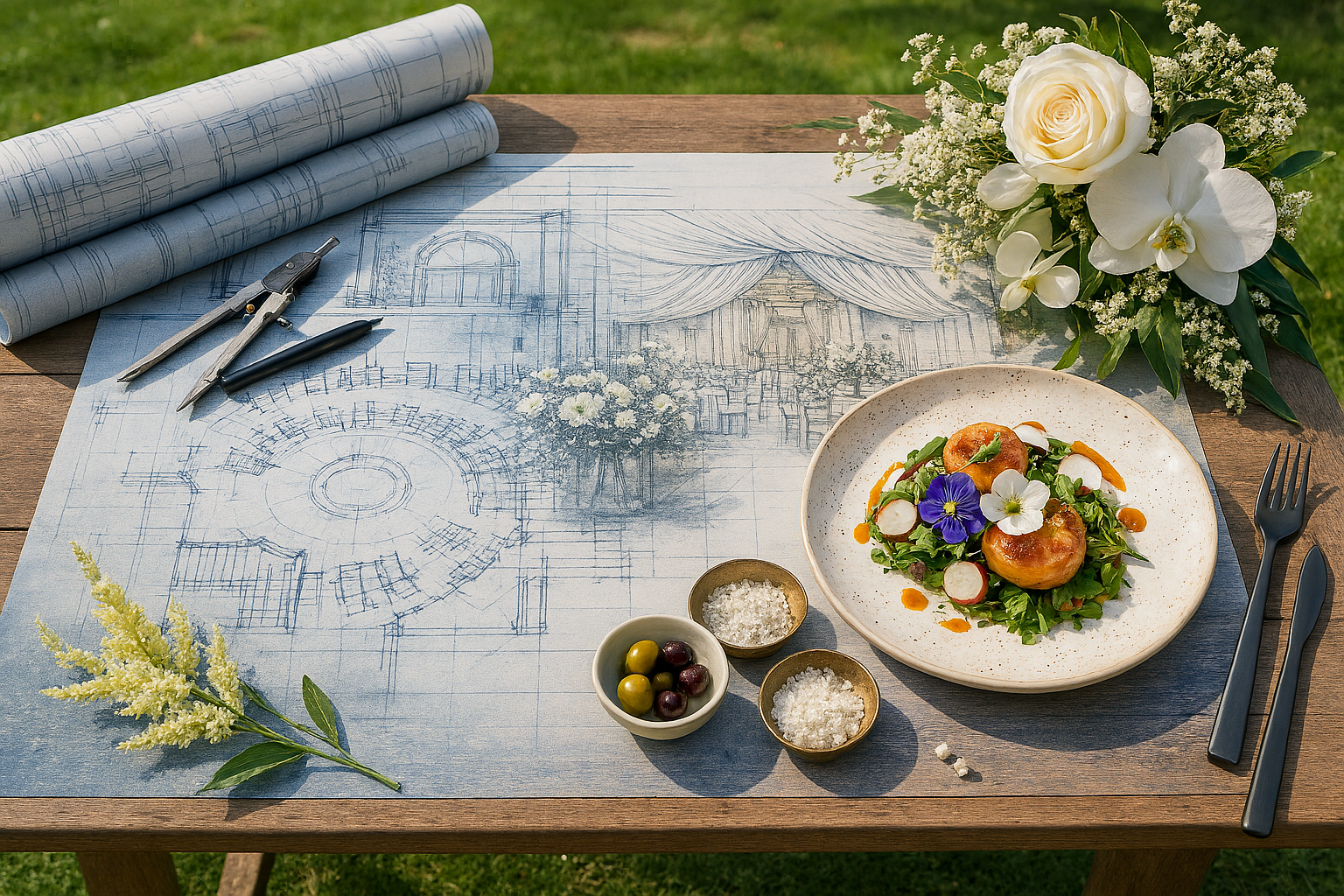 An outdoor wedding setup with architectural blueprints, a plate of food garnished with flowers, and floral arrangements on a wooden table.