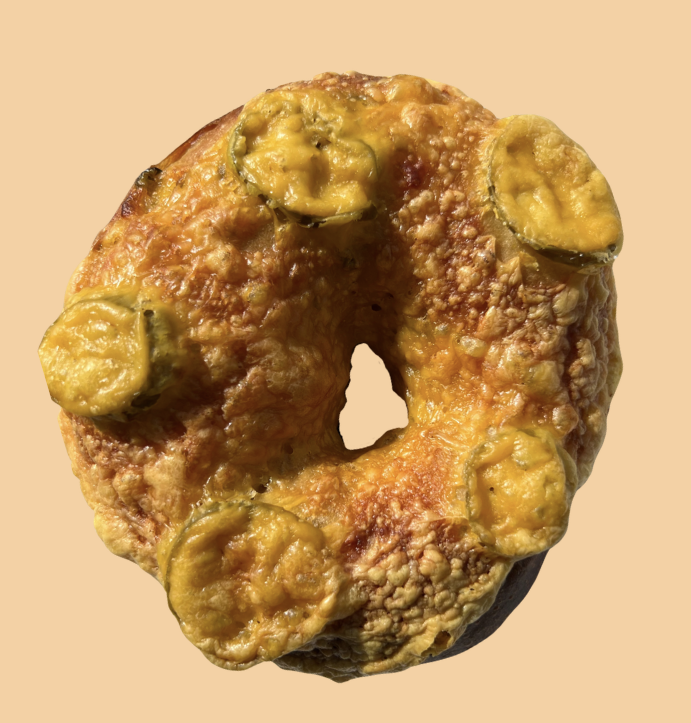 Jalapeño cheddar bagel with baked-in jalapeño slices and cheese, fatbaby Bakes