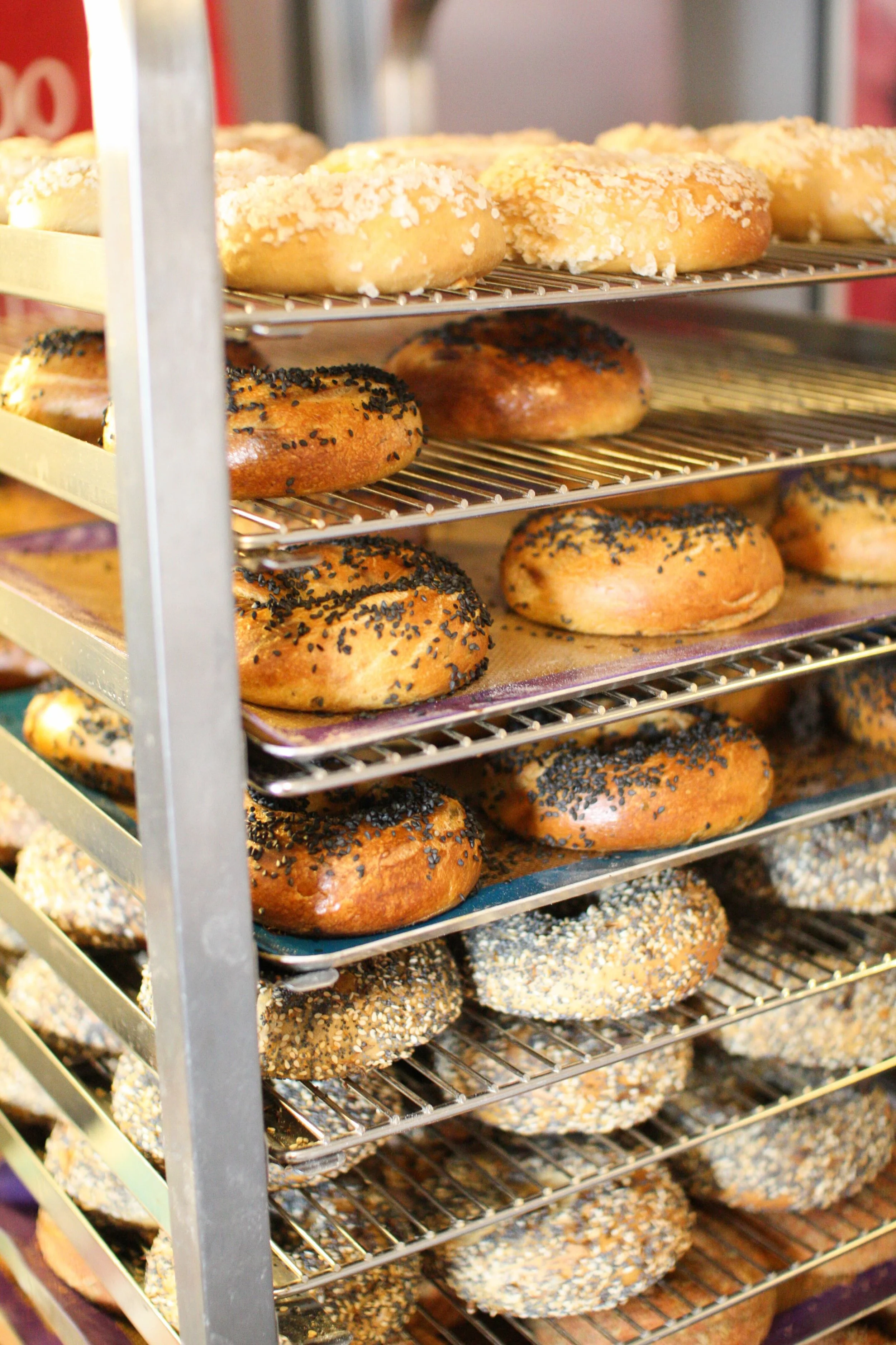 A display of assorted bagels on a multi-tiered metal rack, including plain, sesame, and poppy seed bagels.