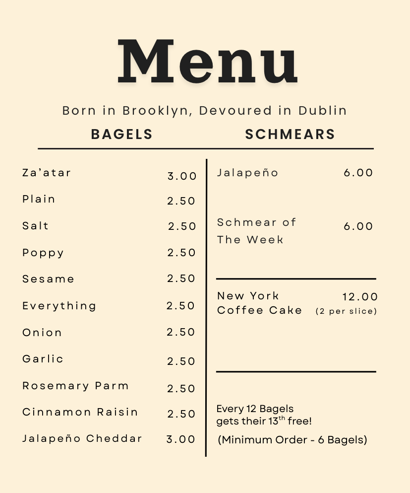 Fatbaby Bakes weekly menu, New York-style bagels and schmears price list, Dublin bagel bakery, order via Instagram DM