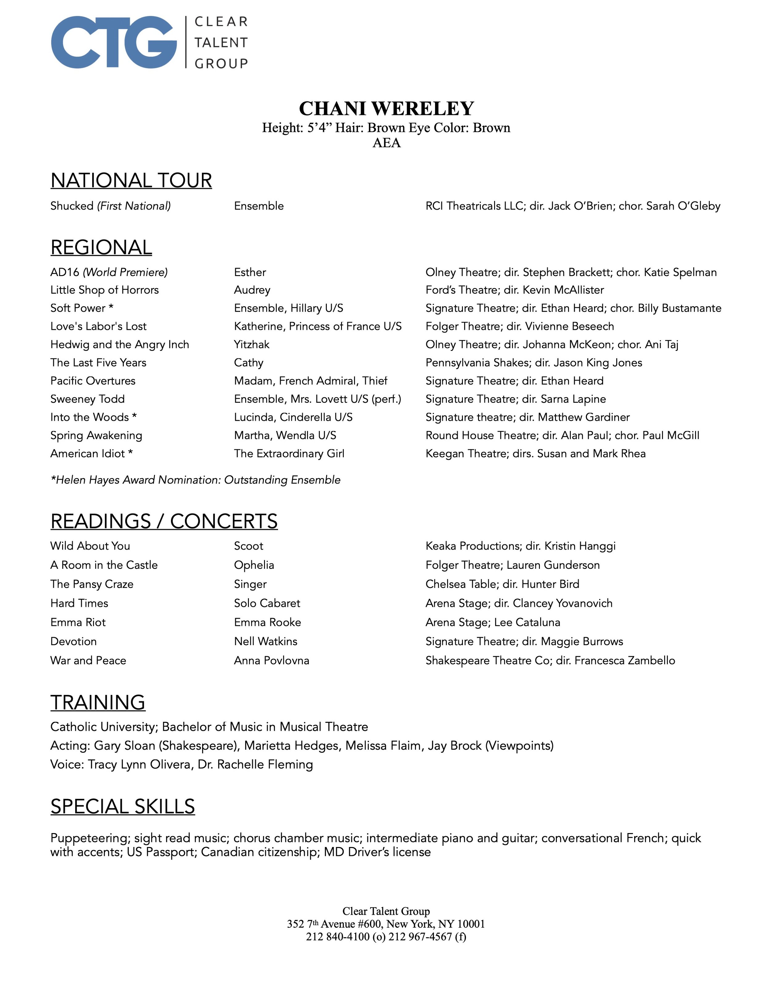 A resume for Chani Wereley, including contact information, education, acting skills, voice skills, and training details, with a header featuring the Clear Talent Group logo and address.