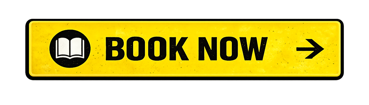 Yellow rectangular sign with black border and text reading 'BOOK NOW' with an open book icon on the left and an arrow on the right.