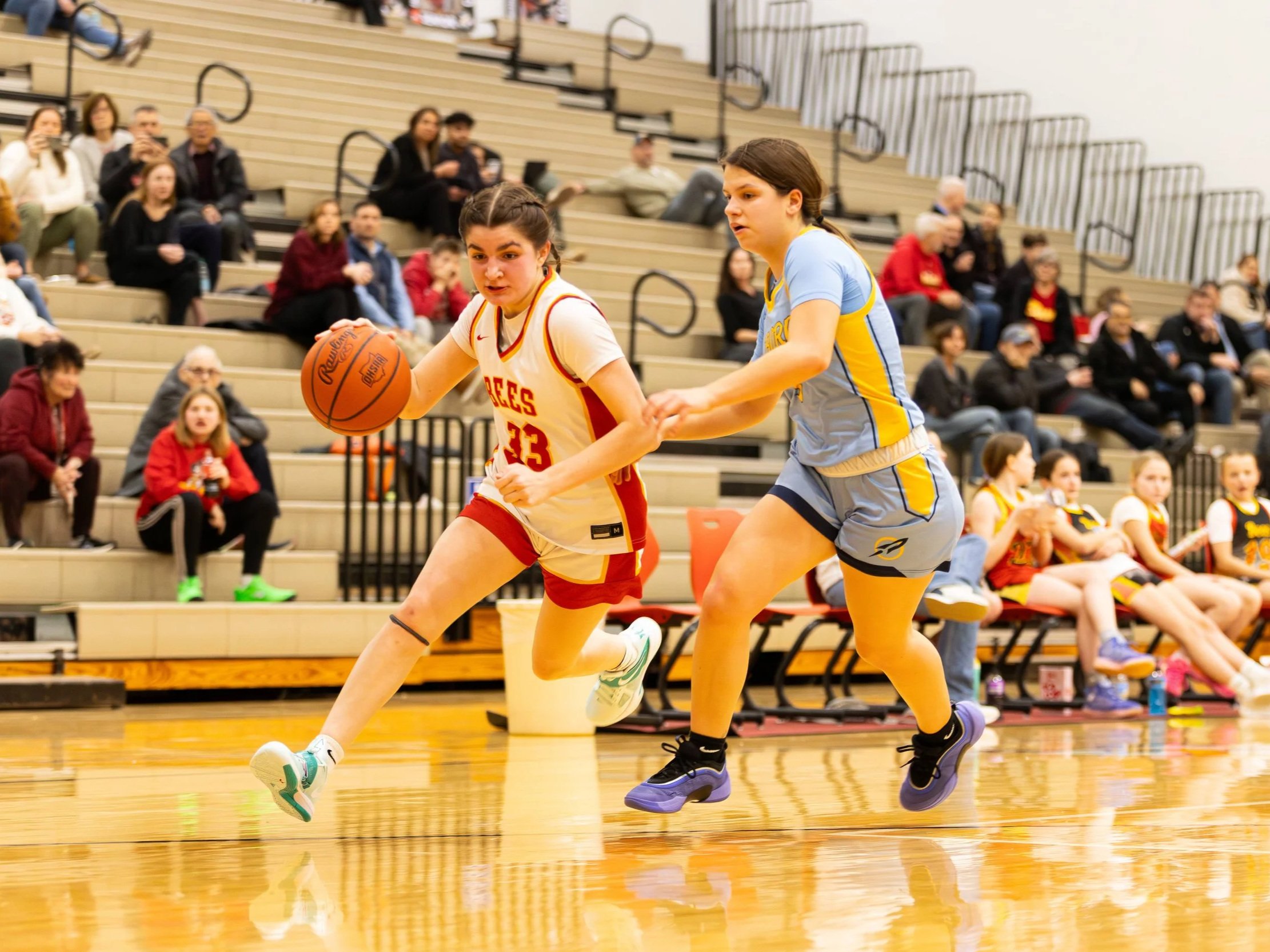 Two young female basketball players compete for the basketball during a game in a gymnasium, with spectators watching from the bleachers in the background.