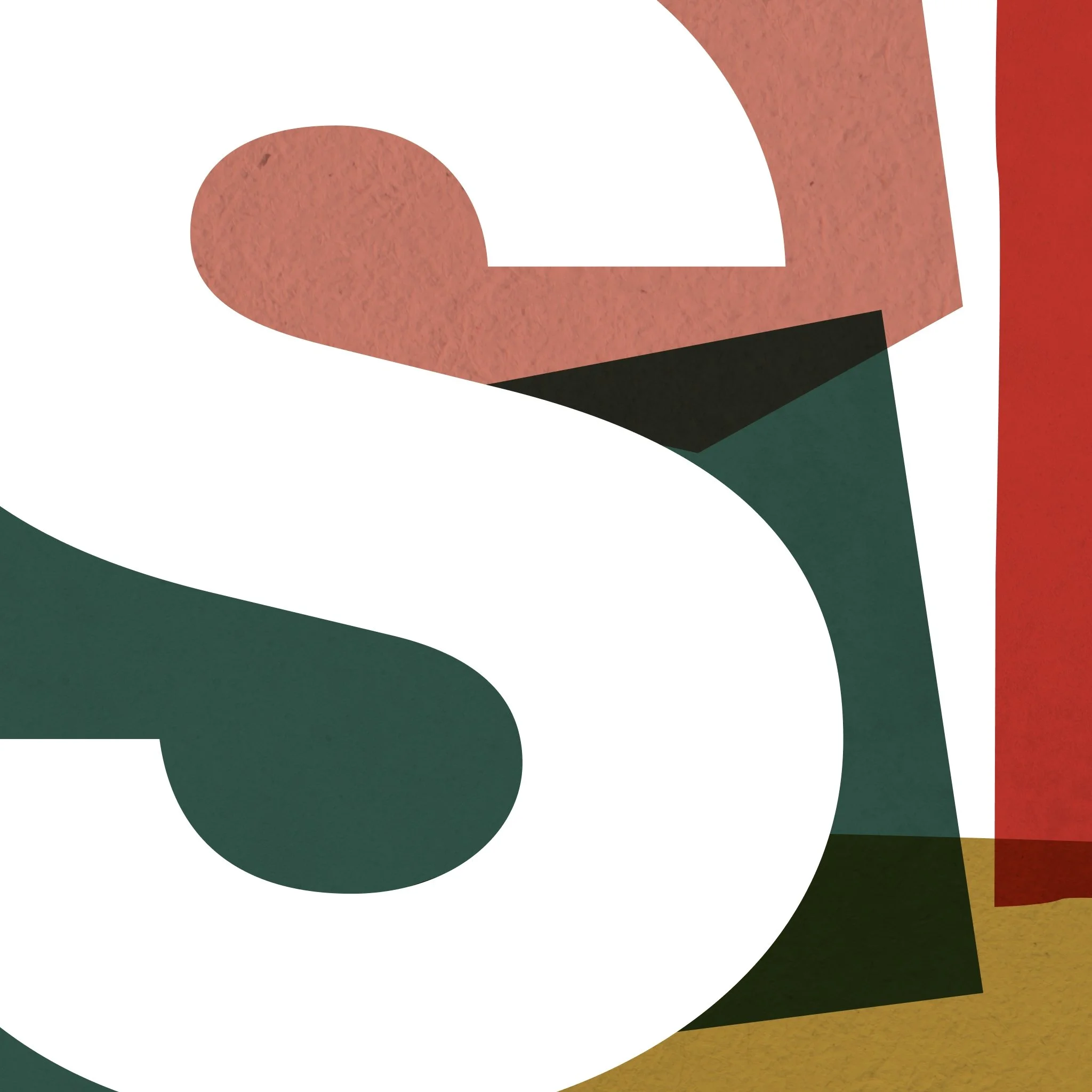Abstract geometric artwork with overlapping shapes in earthy tones, including green, red, yellow, and shades of pink and black.