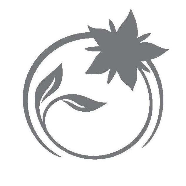 Gray and white logo of a stylized tomato with a leaf and a star-shaped flower at the top, enclosed in a circular outline.