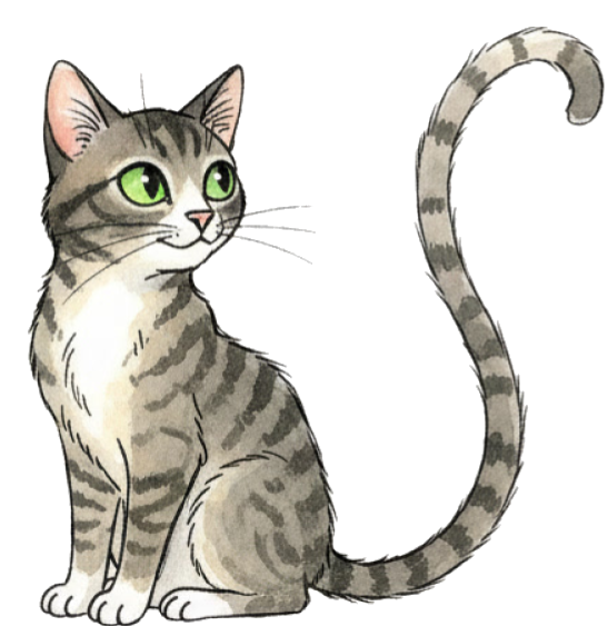 Cartoon grey tabby cat with green eyes sitting upright and looking to the side.