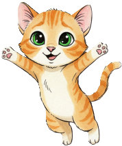 Cute cartoon orange tabby kitten jumping with paws raised