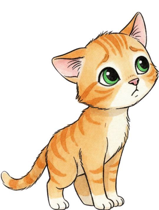 Cartoon orange tabby cat with large green eyes, sitting and looking upward.