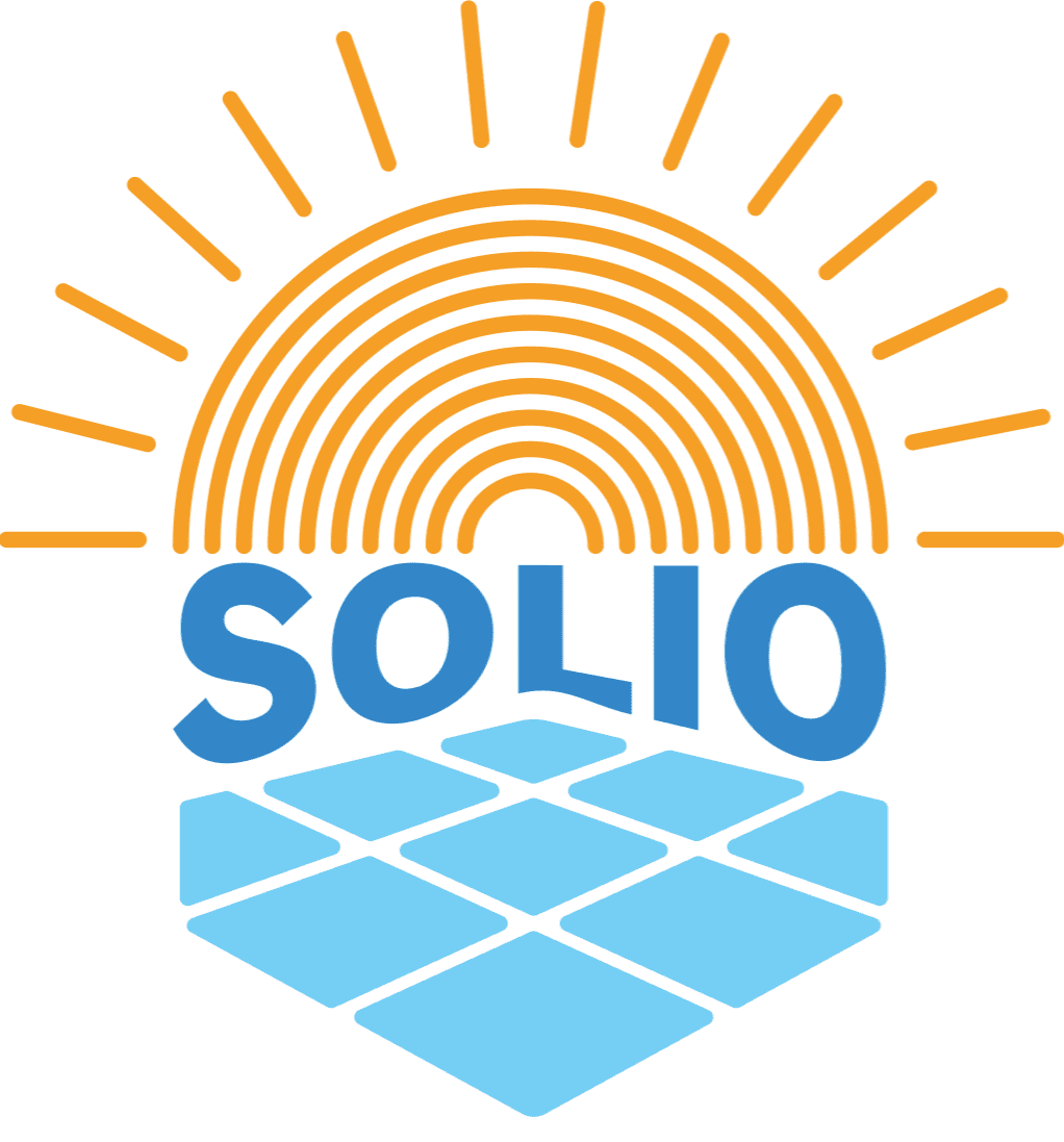 A logo with a stylized sun with orange rays and concentric semi-circles above the word "SOLIO" in blue, with a pattern of blue hexagons beneath.