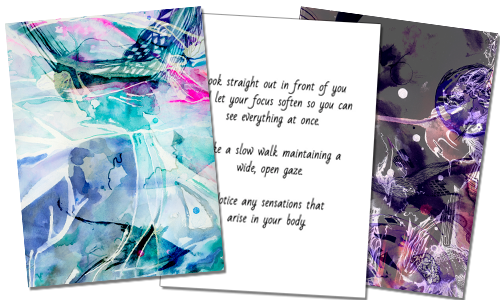 Three pages with abstract watercolor backgrounds and handwritten text, partially visible.