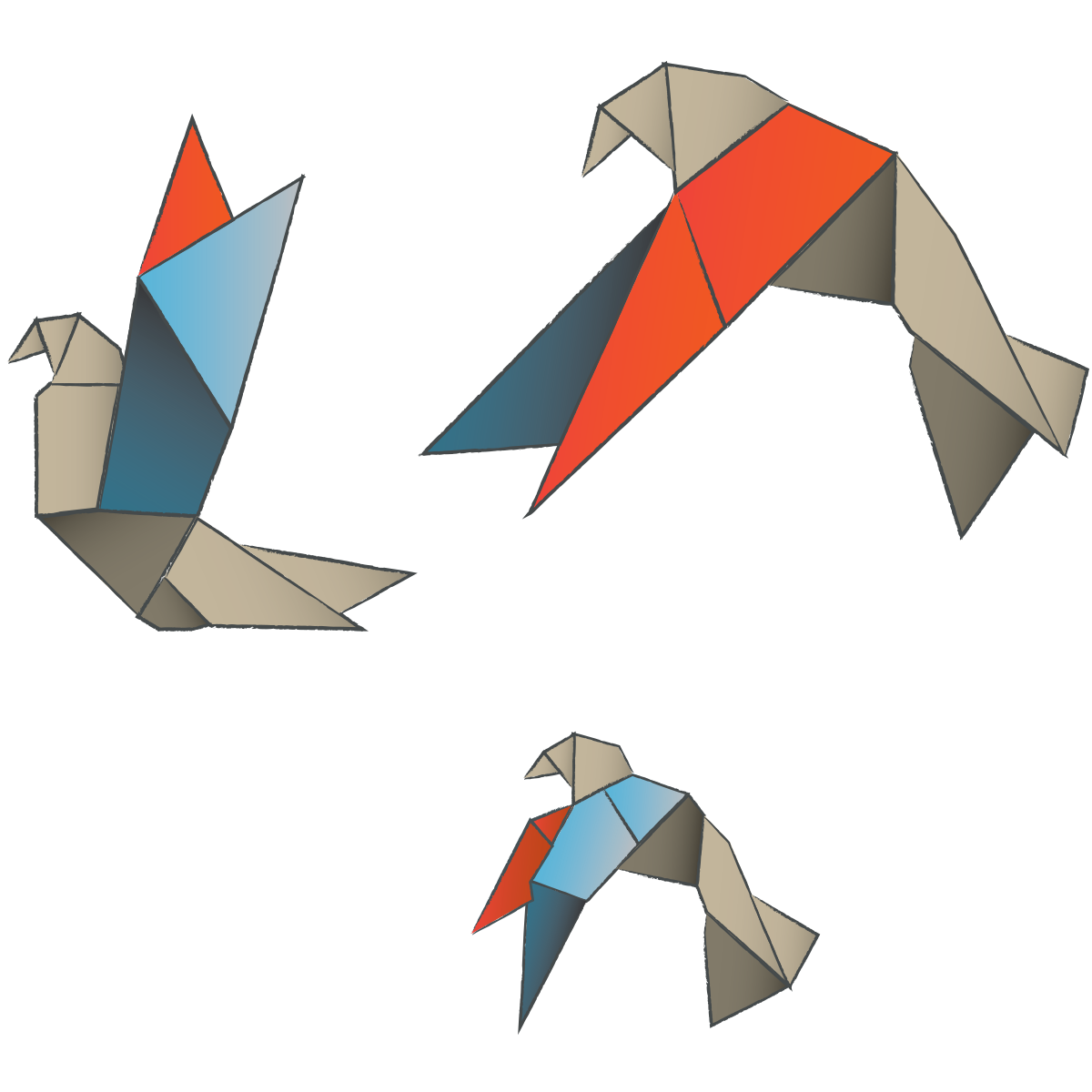 An illustration of geometric, origami-style birds with color blocks of beige, blue, red, and gray.