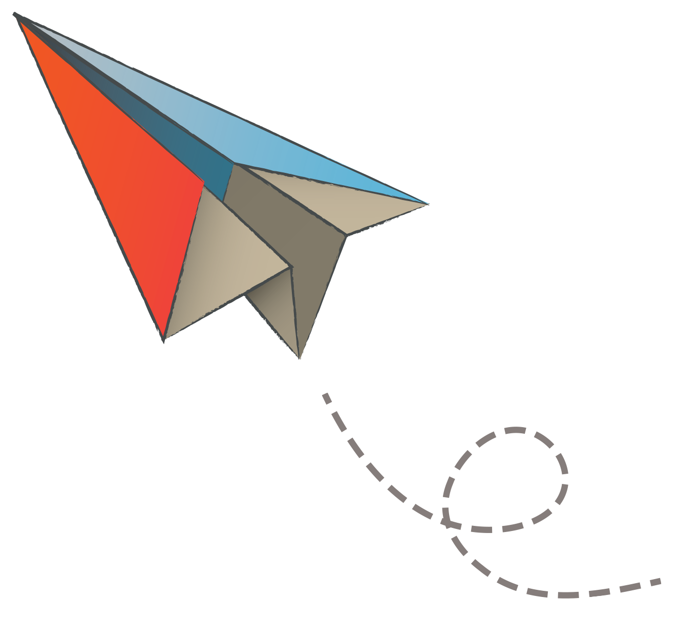 An illustration of a flying paper airplane in red, beige, gray, and blue.