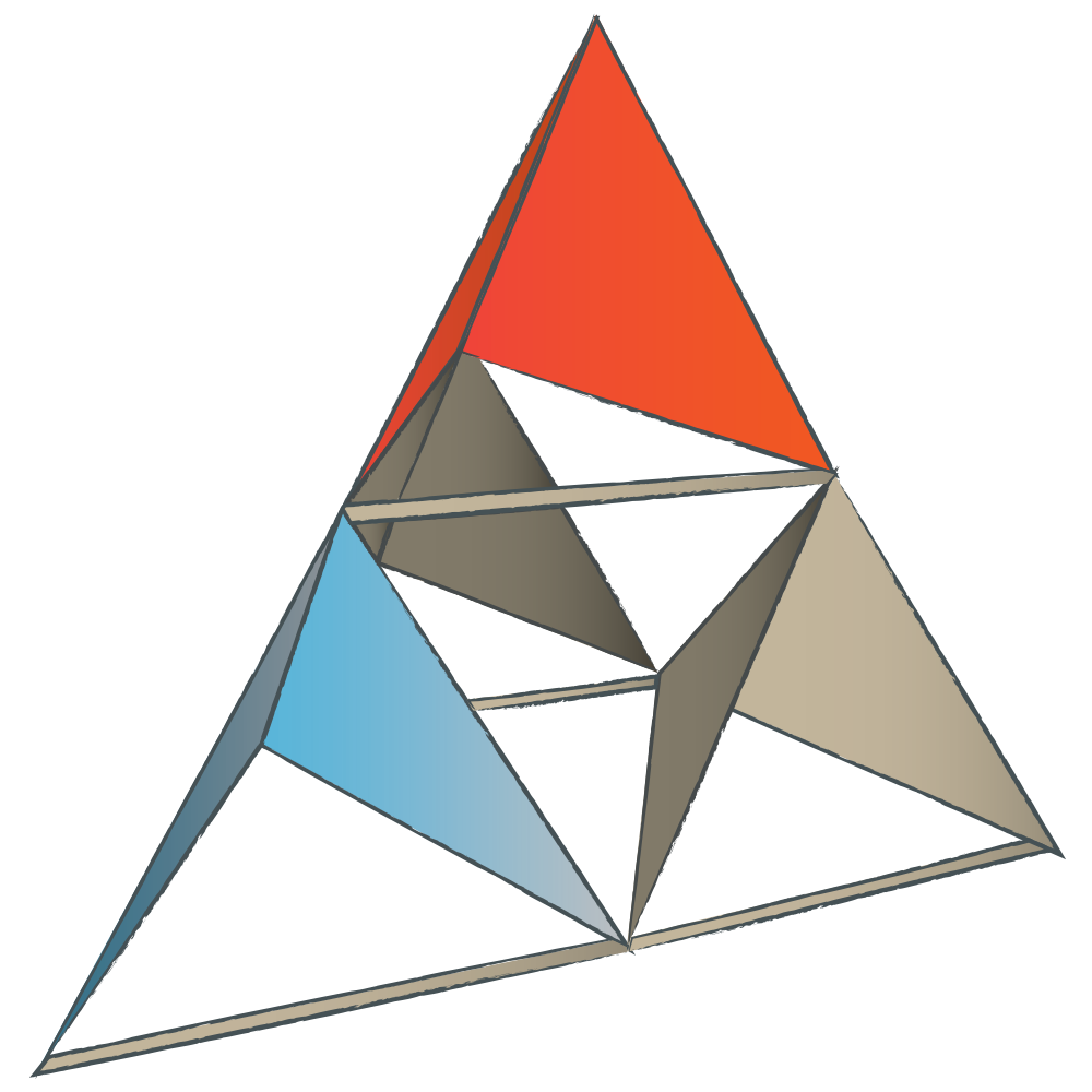 A colorful 3D geometric pyramid kite structure with multiple triangular faces in red, blue, gray, and beige on a black background.