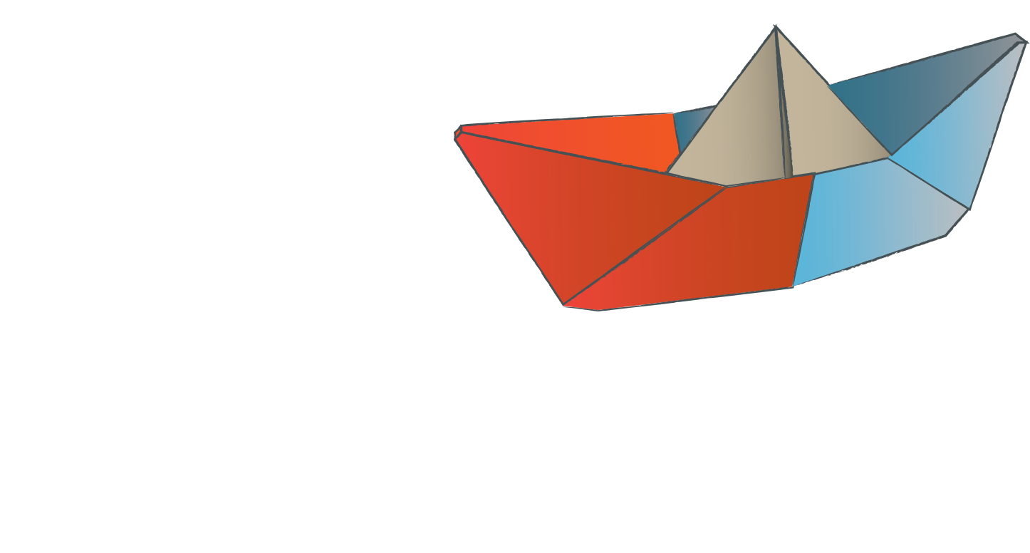 Colorful geometric, folded paper boat, in orange, beige, and blue.
