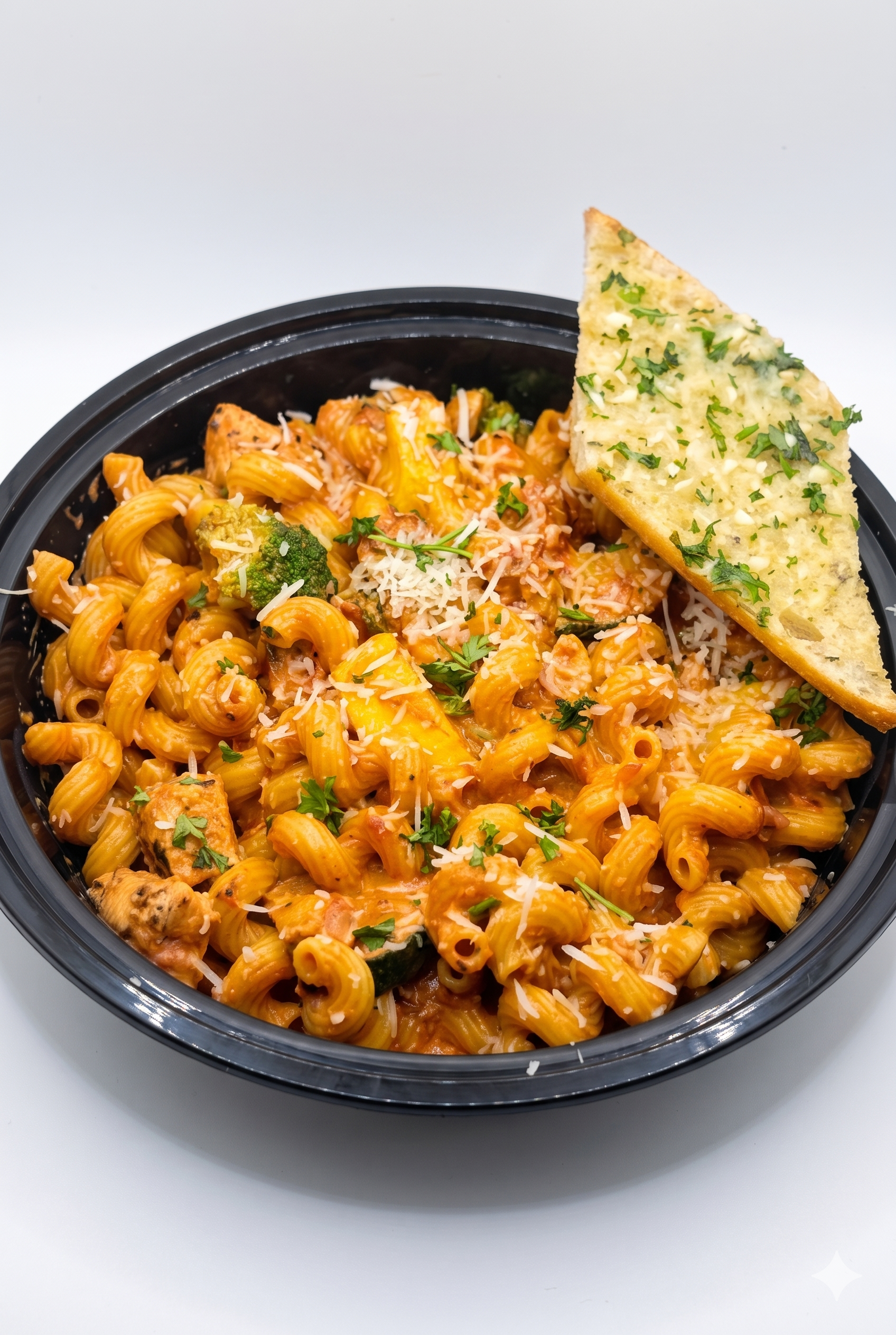 Black bowl of pasta with tomato sauce, grilled chicken, broccoli, shredded cheese, and chopped parsley, alongside a slice of garlic bread topped with herbs and shredded cheese, on a white surface.