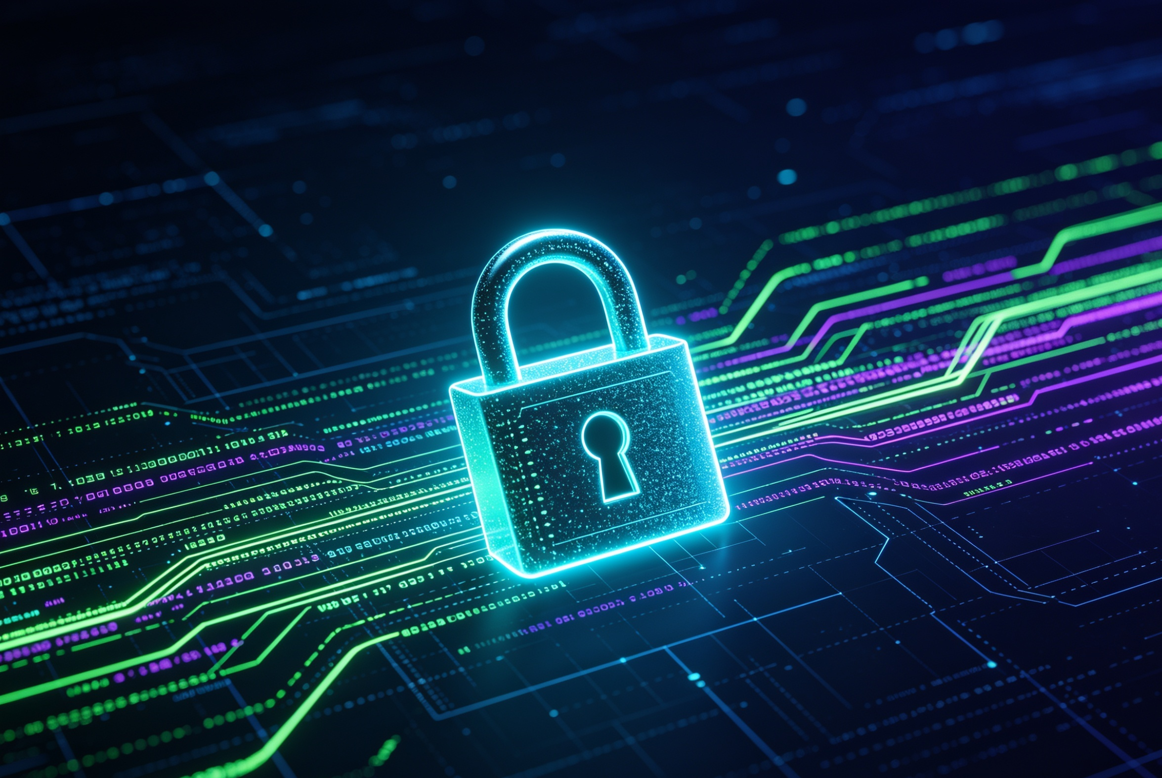 A digital illustration of a neon padlock with a keyhole, overlaid on a background of colorful digital lines and binary code representing cybersecurity or data protection.