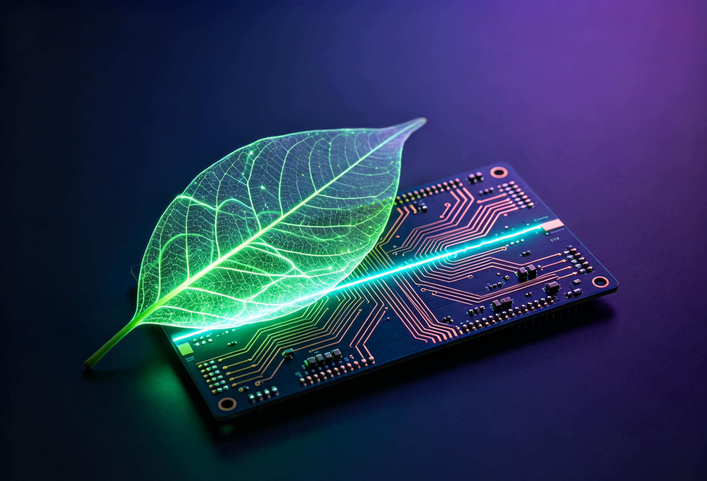 A glowing green leaf resting on a computer circuit board with purple and blue lighting.