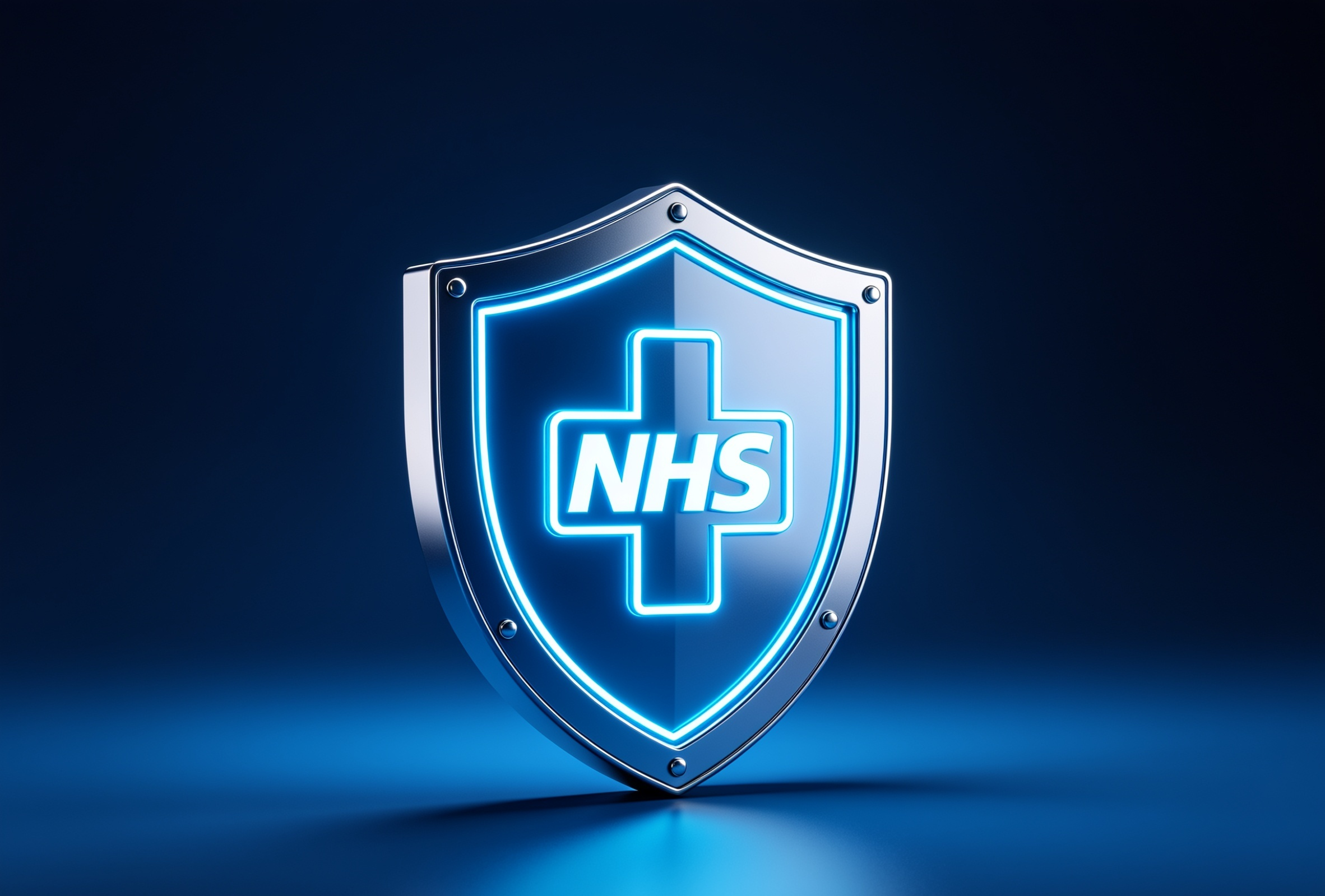 A neon sign depicting a shield with a cross, labeled 'NHS', glowing in blue against a dark background.