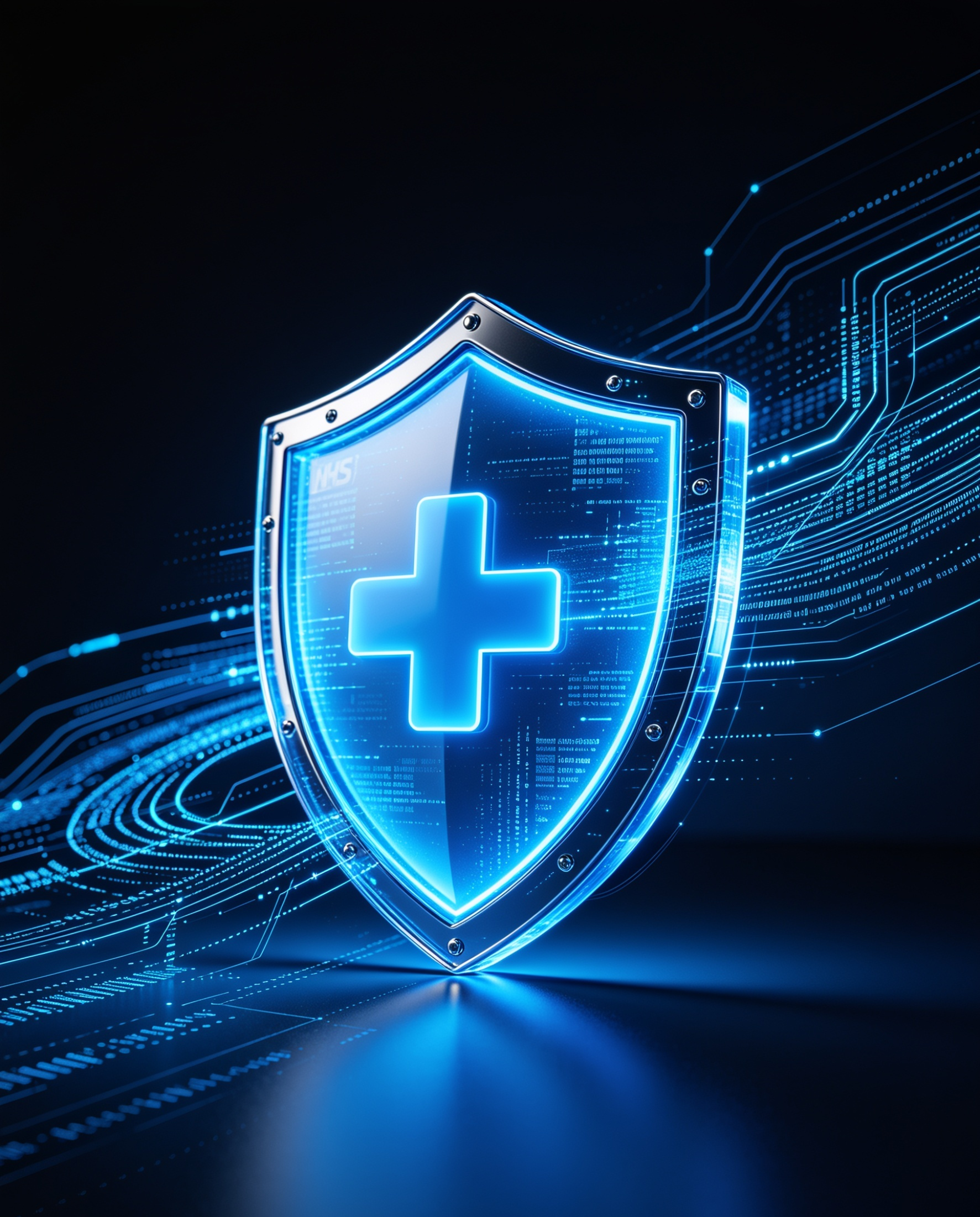 Futuristic digital shield with a medical cross symbol, glowing blue, surrounded by digital circuitry and data streams against a dark background.