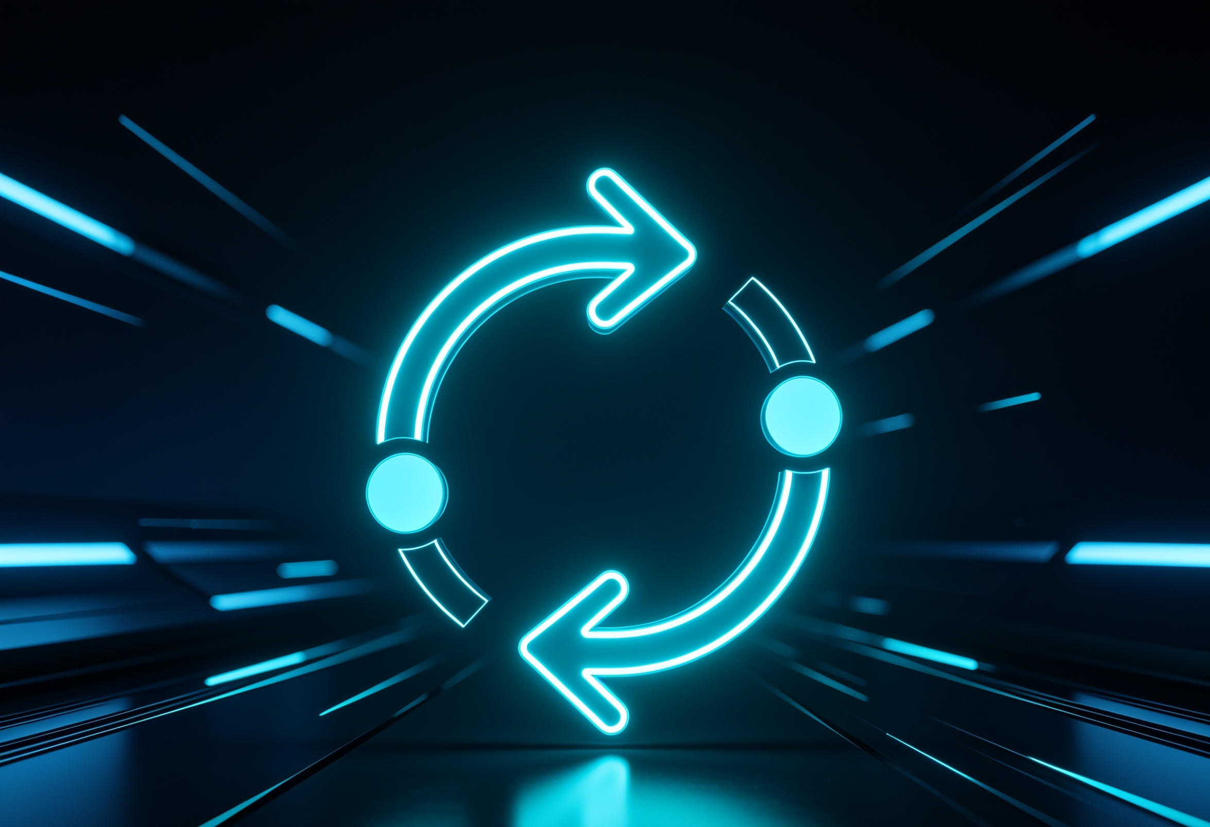Neon clock arrow and circular design in blue glowing light with motion blur effect.