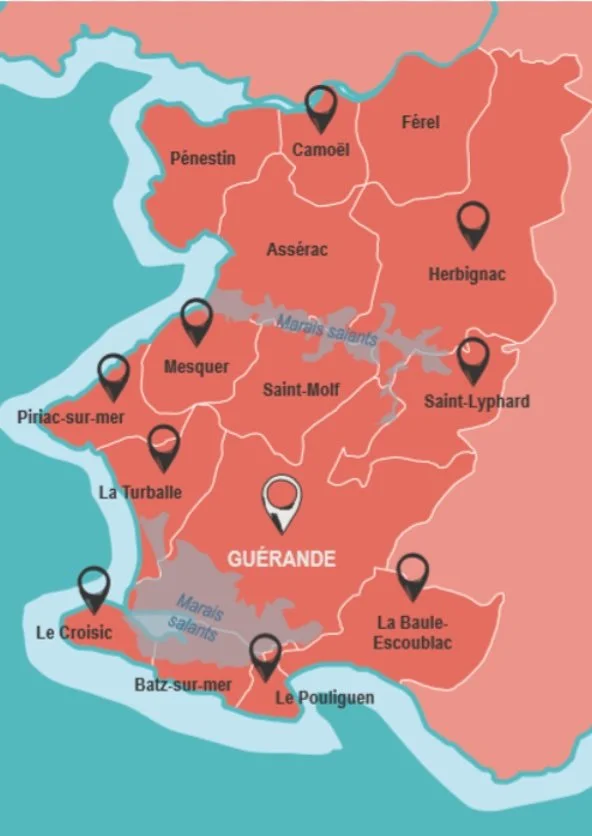 Carte de la région de Guérande en France, montrant différents quartiers et localités comme Camoël, Pénestin, Férel, Herbiagnac, Saint-Lyphard, Saint-Molf, Pyramid-sur-mer, La Turballe, Le Croisic, Batz-sur-mer, Le Pouliguen, et La Baule-Escoublac, avec des marqueurs indiquant d'autres points d'intérêt.