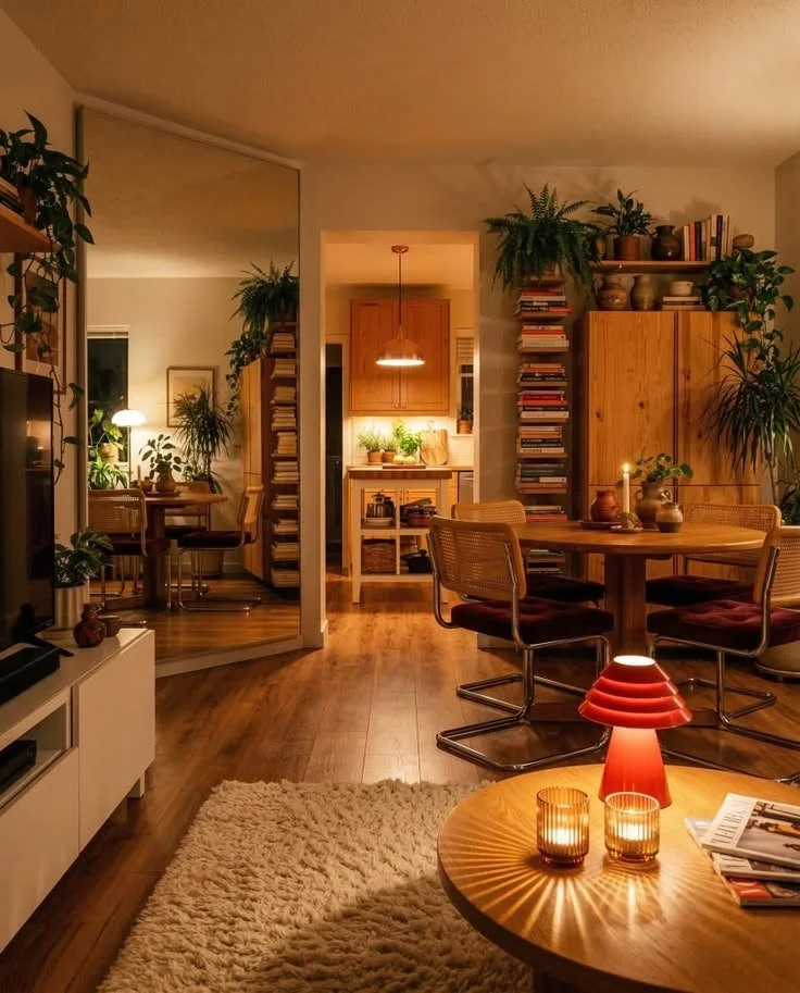 Cozy, warmly lit living and dining room with wooden furniture, potted plants, bookshelves, and candles.
