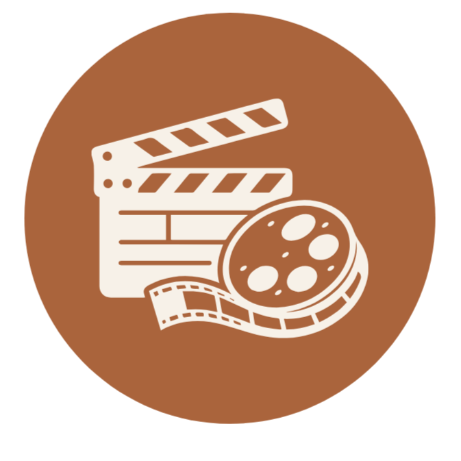 Icône de tournage avec une plaquette de film, une bobine de film et une bobine de film dans un cercle marron.