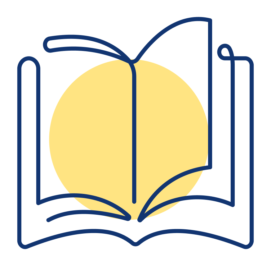An open book with a yellow circle behind it, depicted in a simple, outlined illustration.