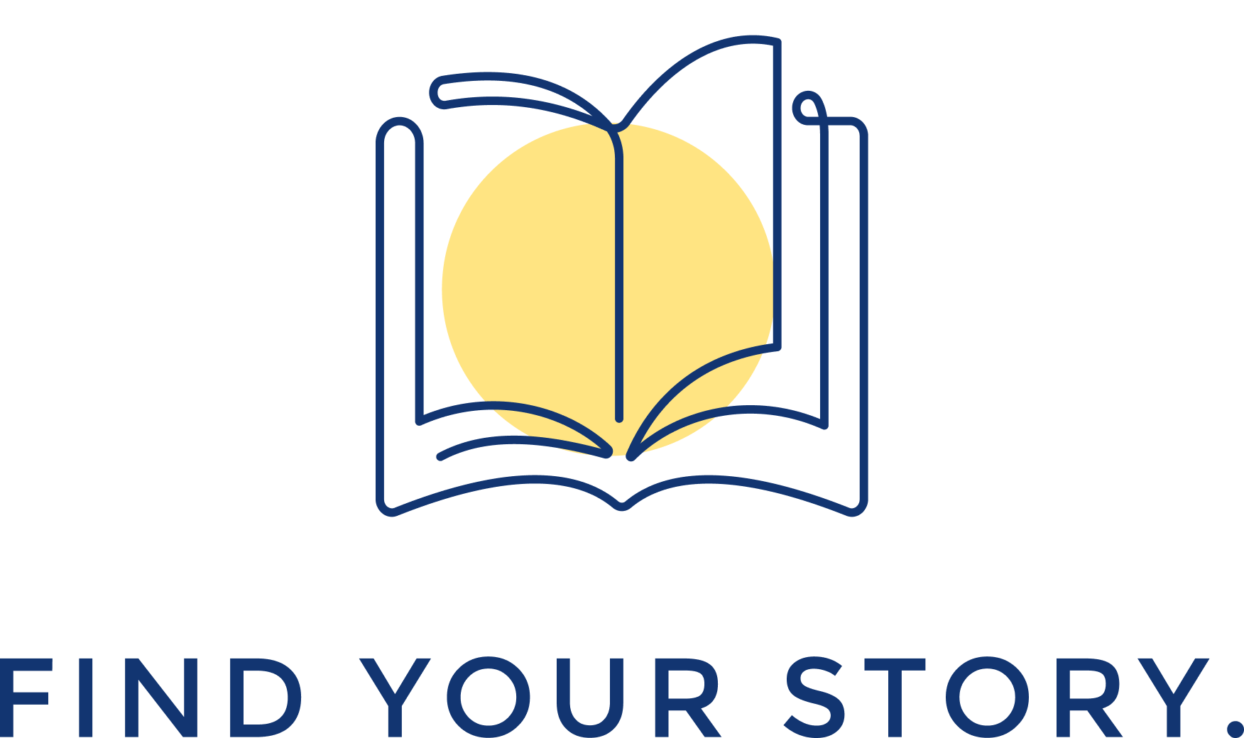A logo featuring an open book with a yellow circle behind it, and the text 'FIND YOUR STORY' underneath.