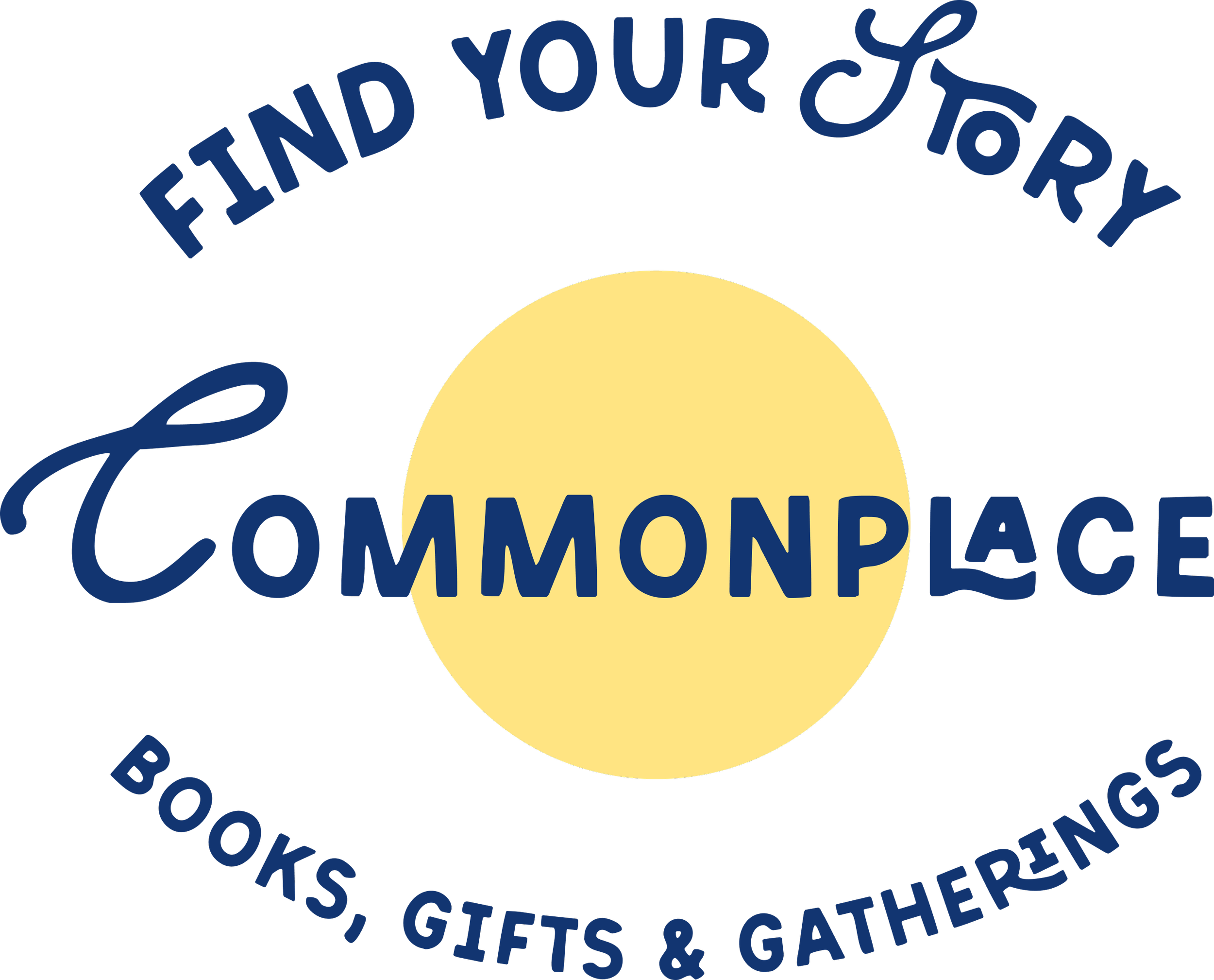 Circular design with text reading Commonplace with 'Find Your Story' at the top in an arc, and 'Books, Gifts & Gatherings' in an arc below, with a large yellow circle in the center.