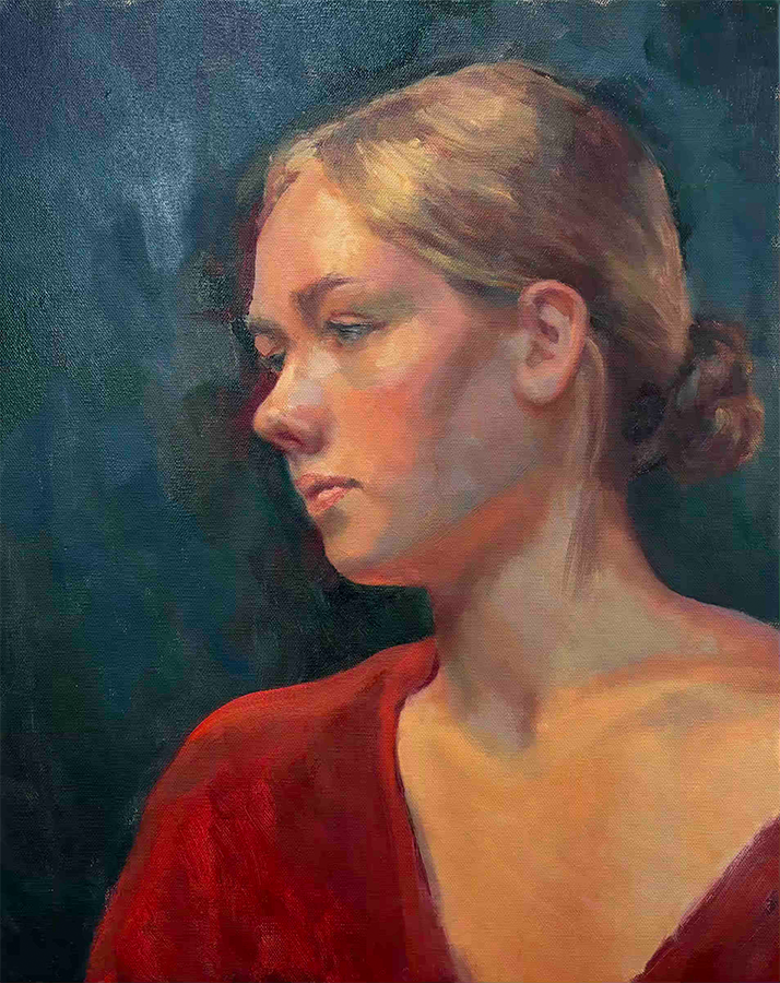 A portrait painting of a young woman with blonde hair tied back, wearing a red top, looking down with a calm expression against a dark background.