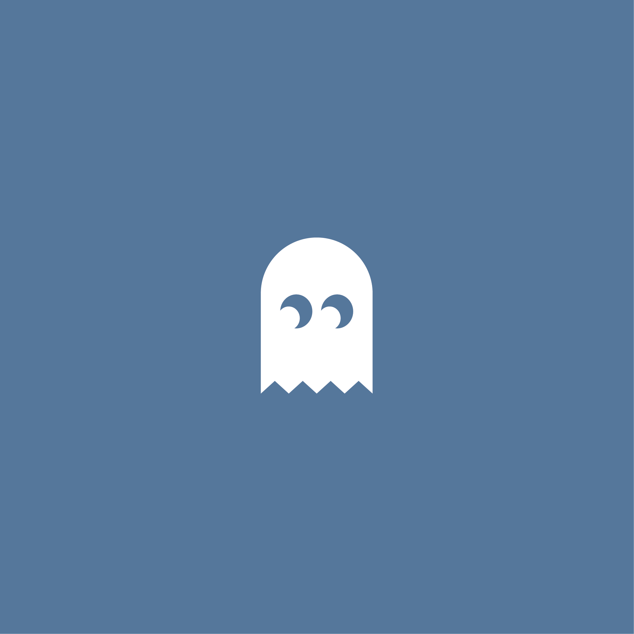 Icon of a white skull with black eye sockets on a blue background, with a white banner below it.