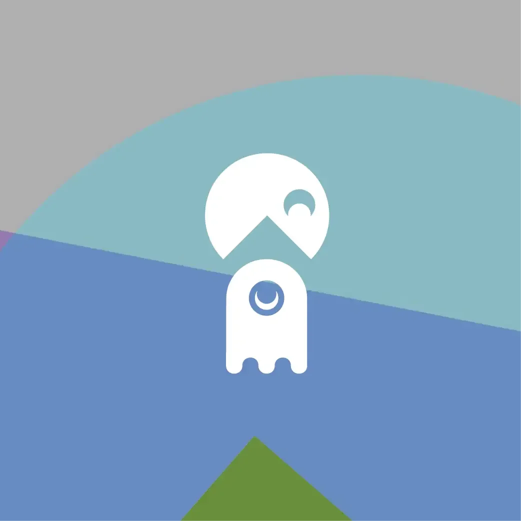 A minimalist graphic featuring a white rocket icon launching into an abstract landscape with blue, green, gray, and purple shapes.